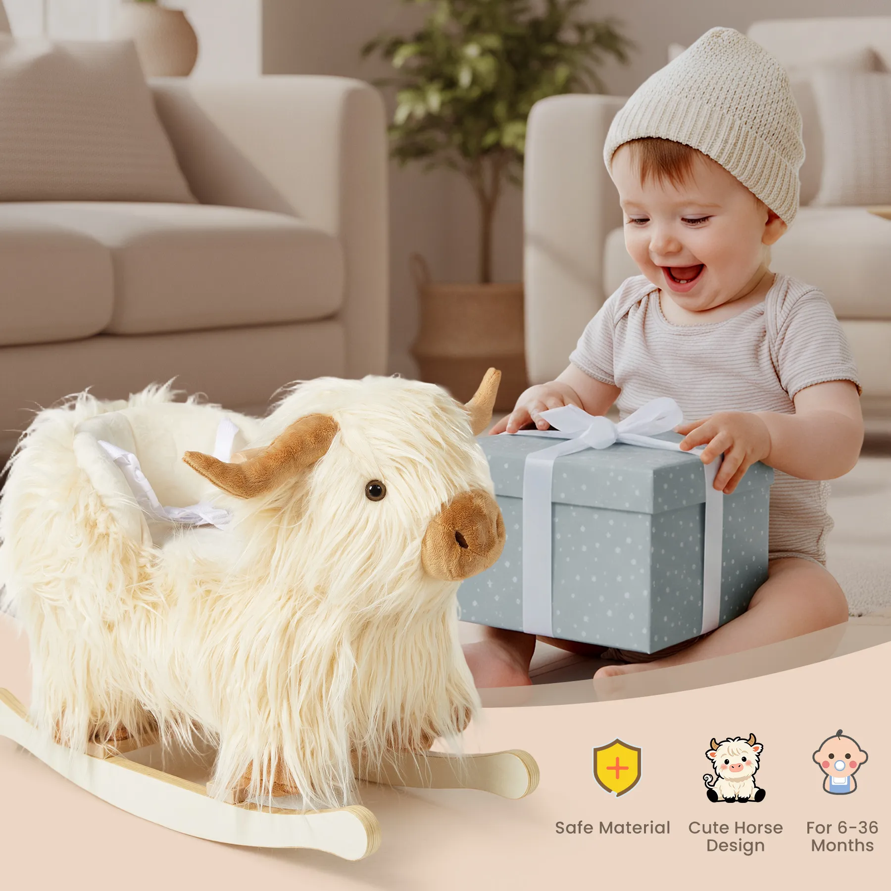 Toddler playing with a White Highland Cow plush rocking toy at home as a gift