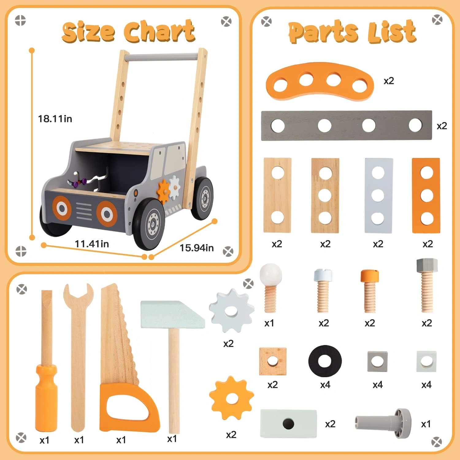 White Highland Cow rocker and tool bench walker size chart with included accessories