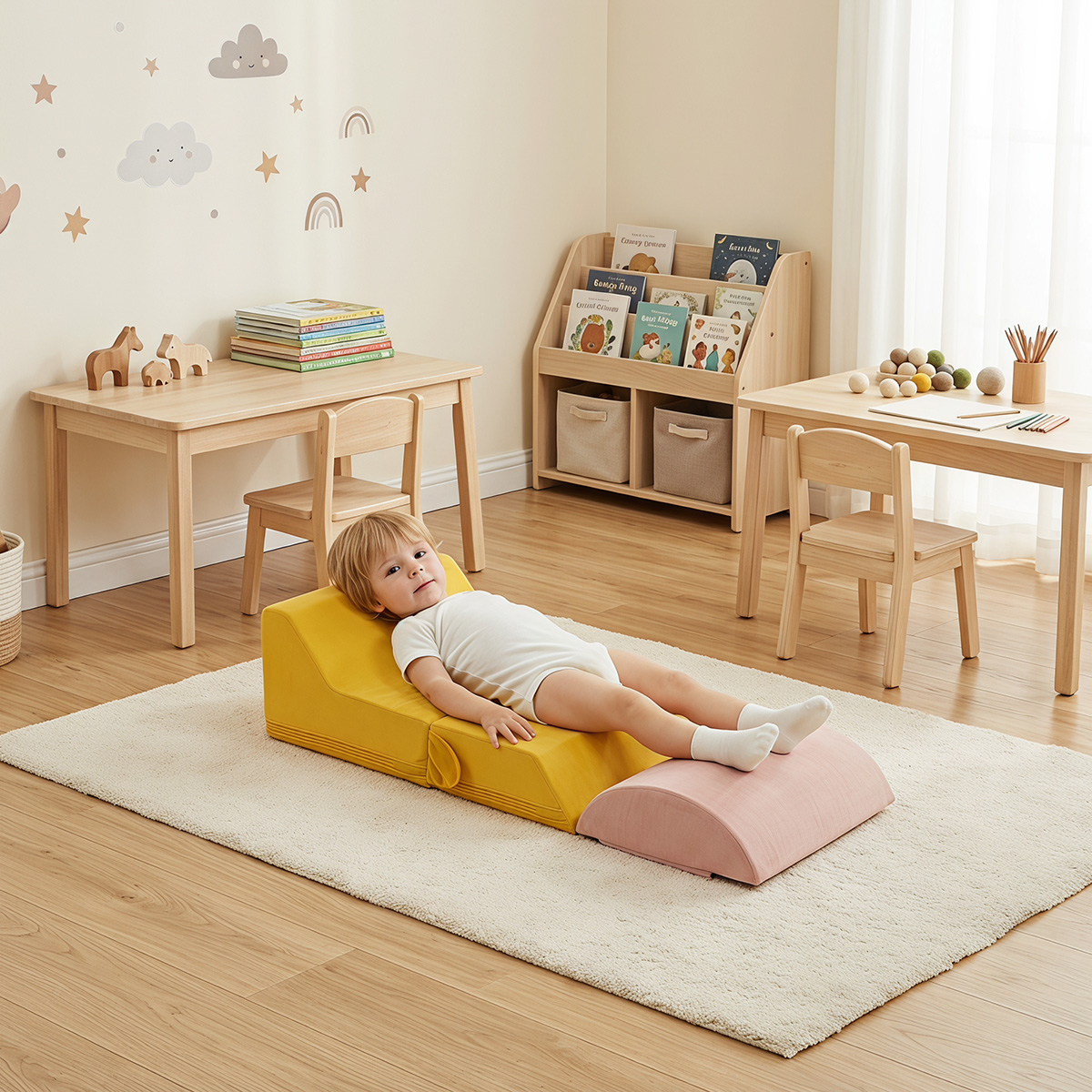 Child relaxing on soft foam climbing blocks in kids playroom