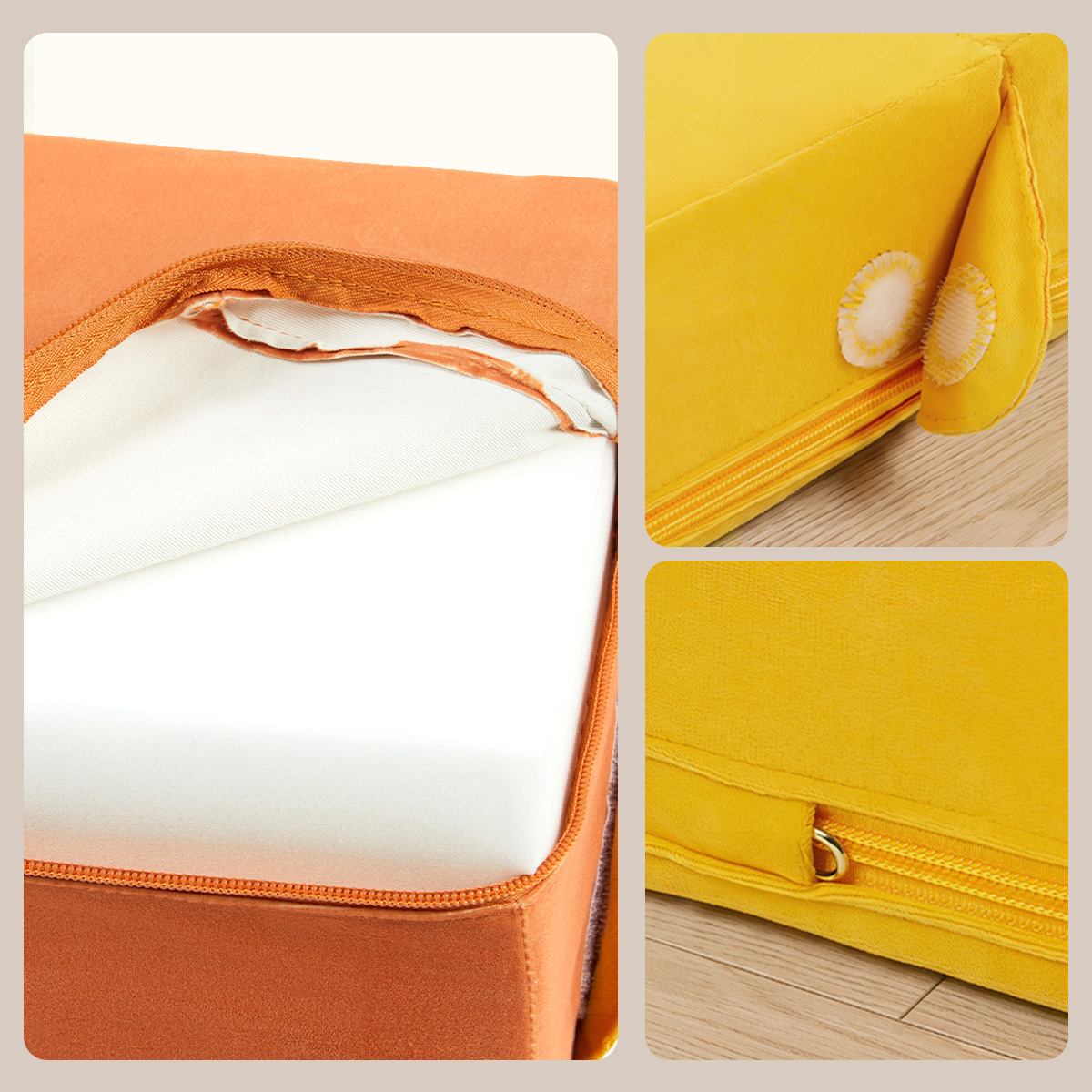 Close-up of washable foam climbing block cover and zipper details