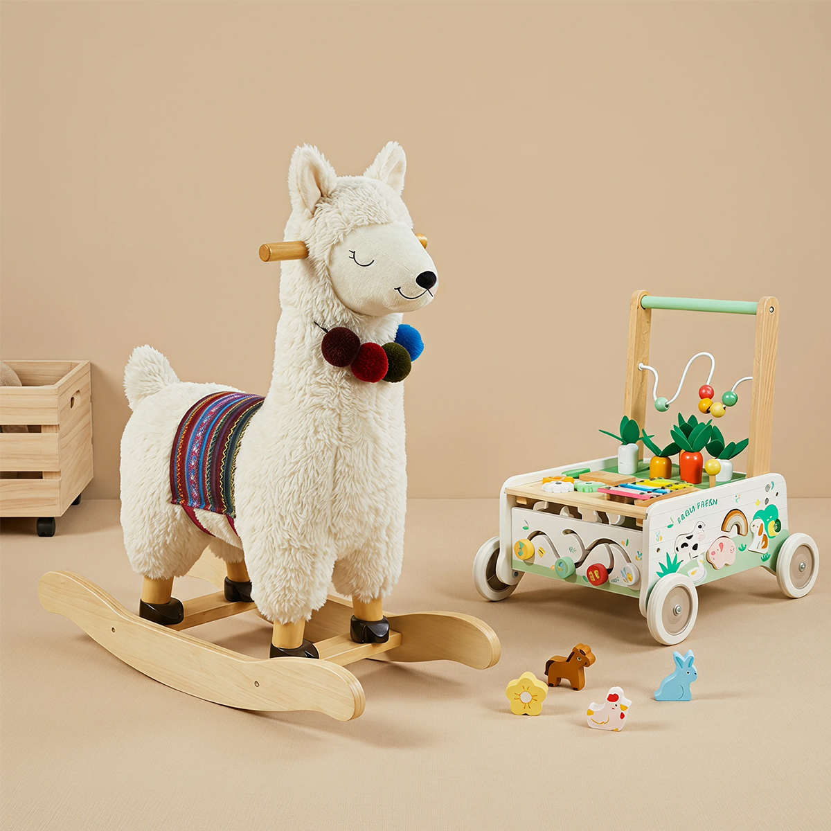 labebe Llama plush rocker and farm baby walker bundle for toddlers