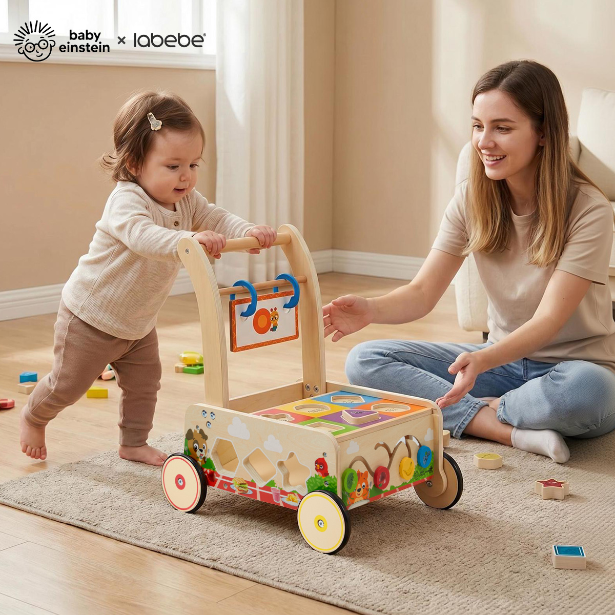 Child using Baby Einstein wooden activity walker with parent during early walking practice