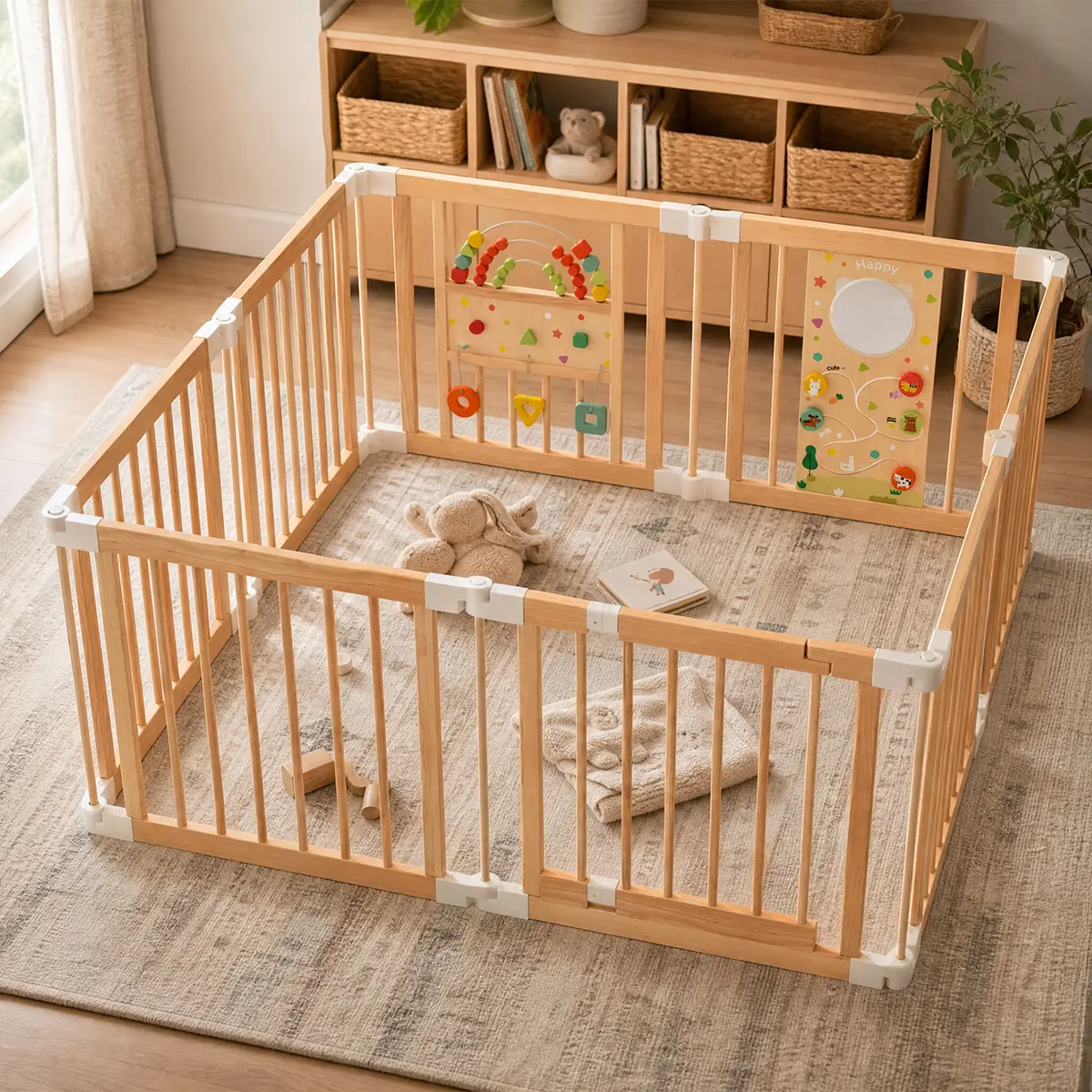 Natural wood baby playpen with sturdy safety fence and interactive activity board for toddlers