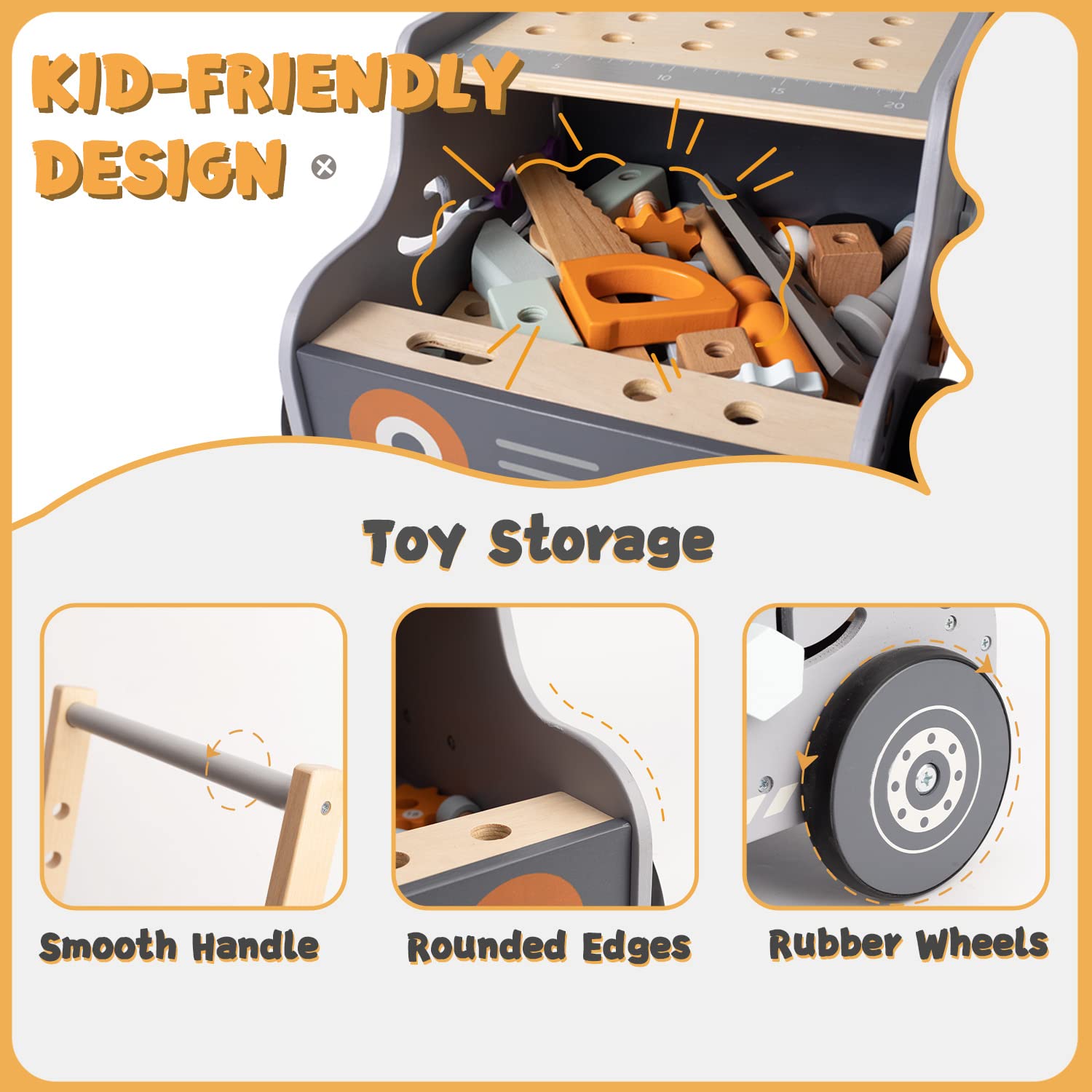 Toddler walker with toy storage, rounded edges and rubber wheels