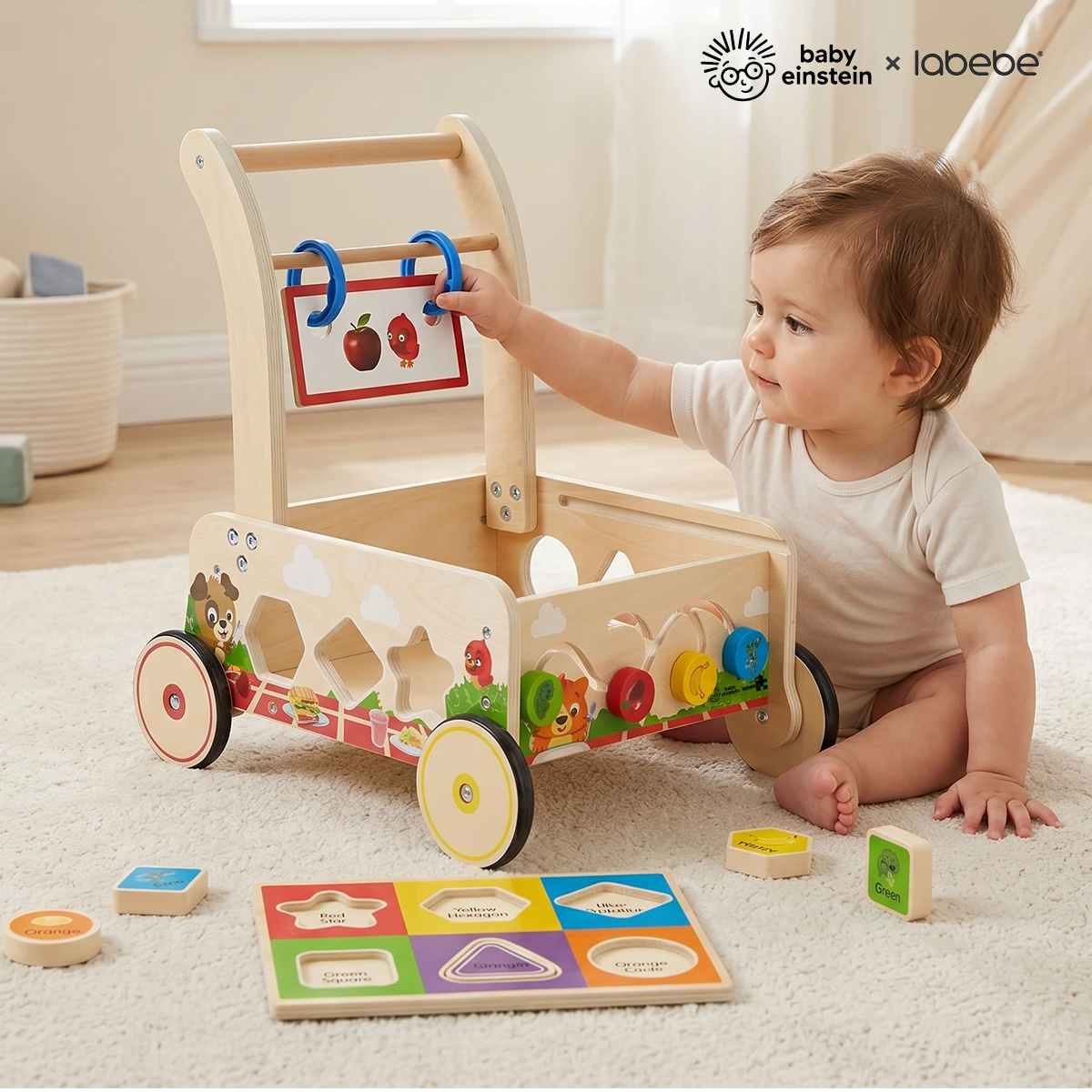 Toddler playing with Baby Einstein x labebe wooden activity walker and educational shape sorting toys