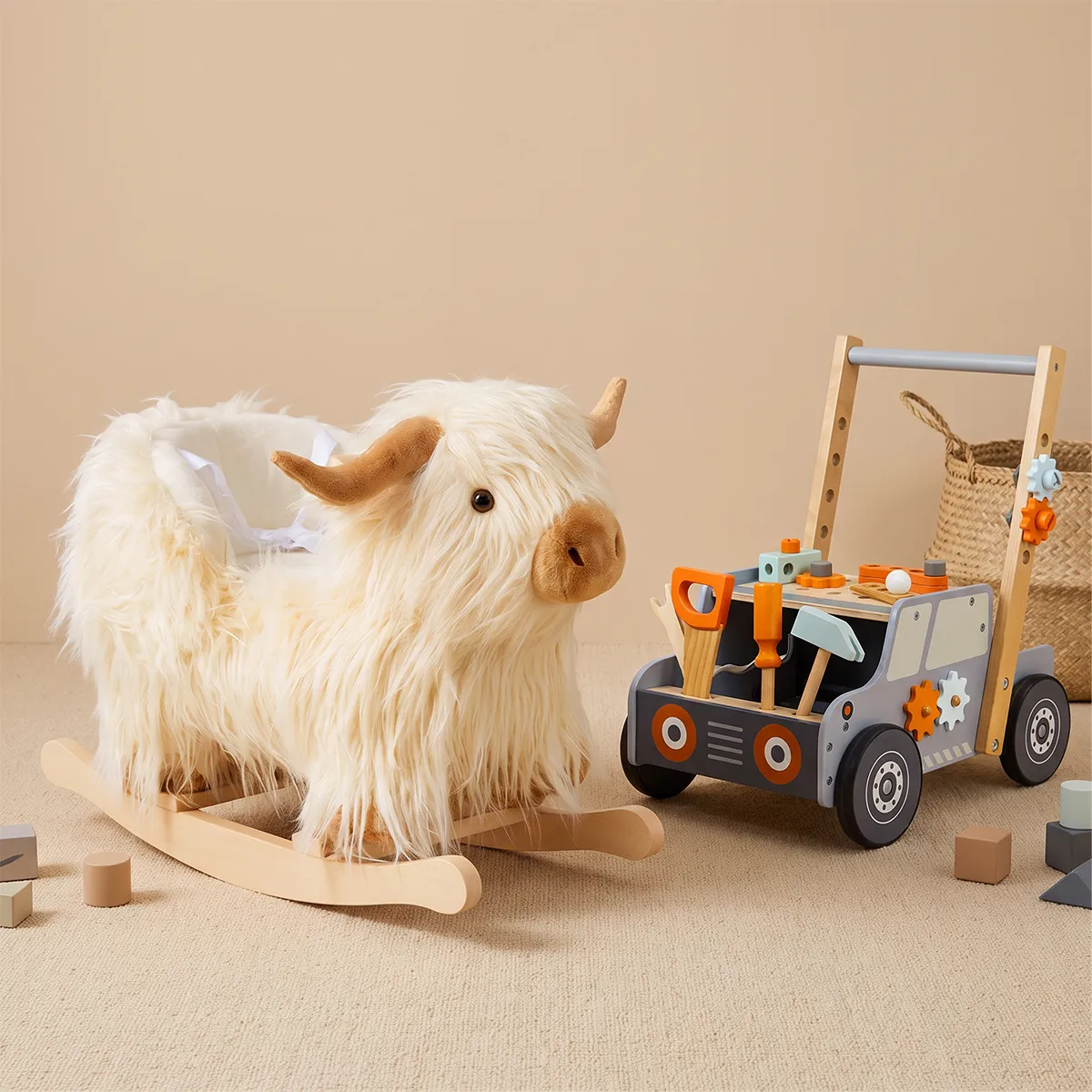 Labebe White Highland Cow plush rocker with wooden tool bench walker set for toddlers