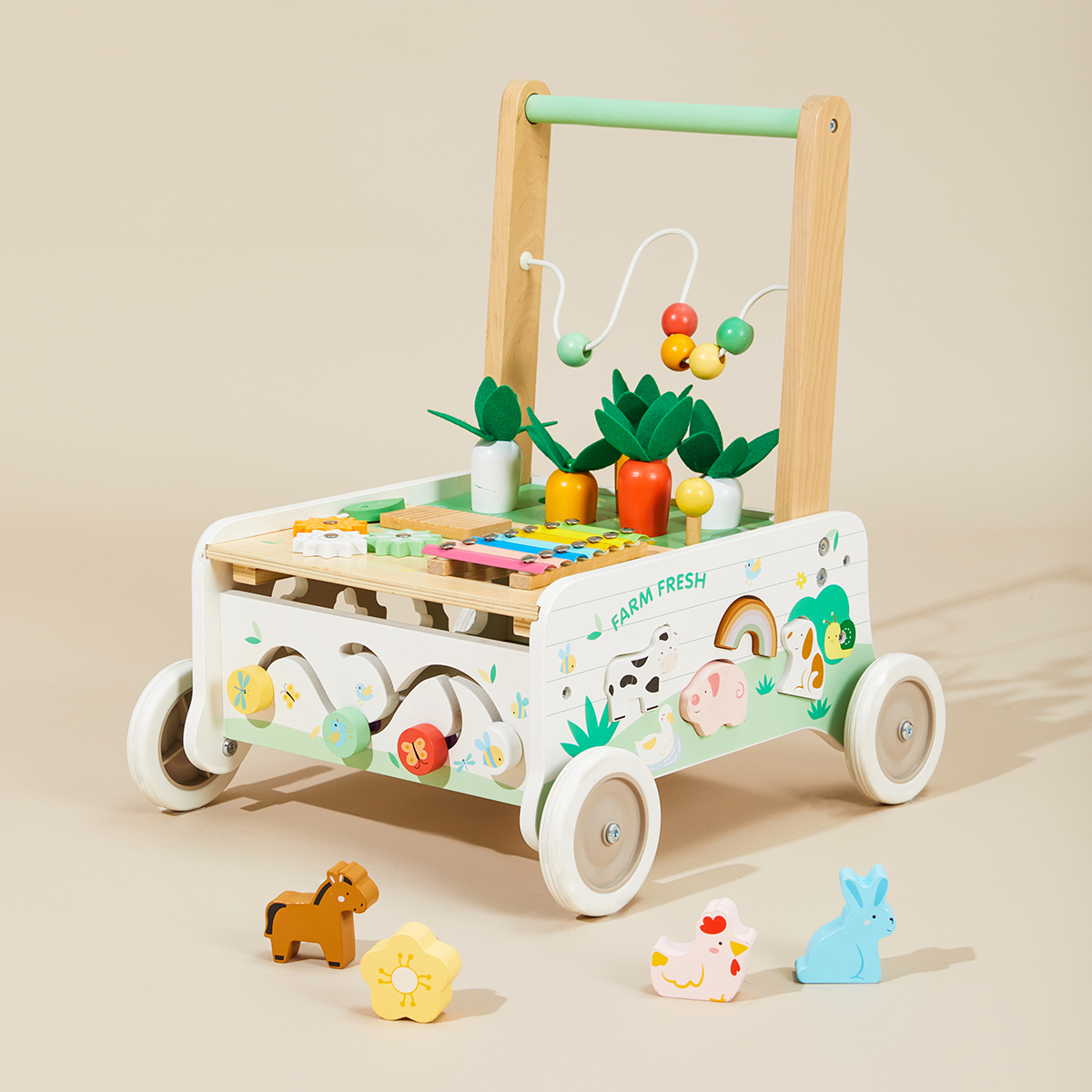 Farm-themed wooden baby walker with bead maze, xylophone and activity toys by labebe