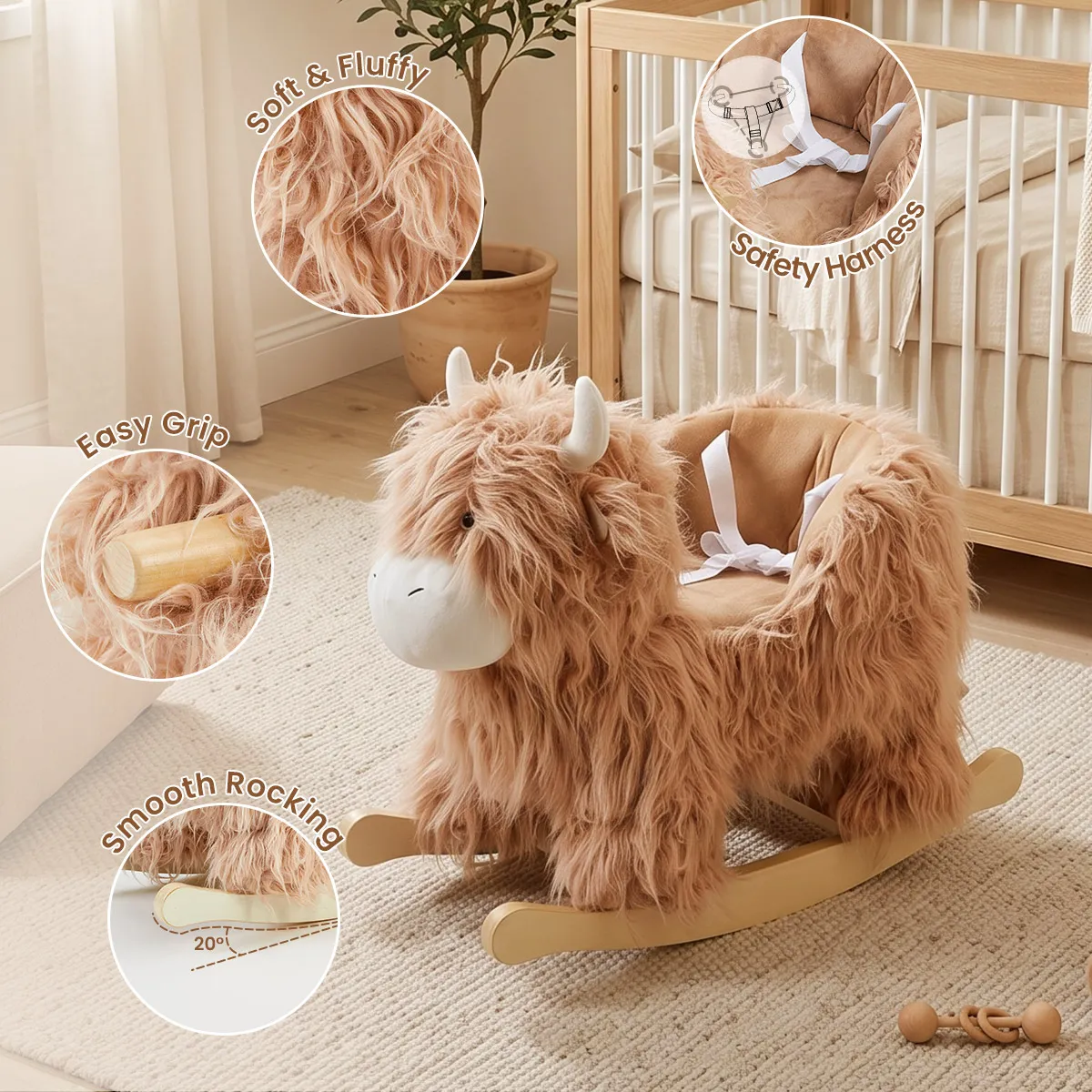 Soft plush yak rocking horse with cozy fur and 3-side seat