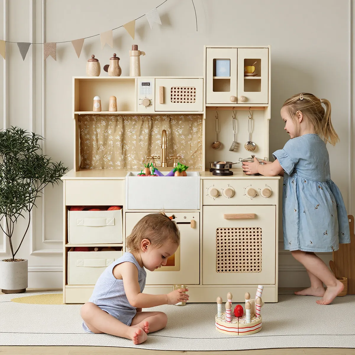 Two kids playing pretend cooking together with cream wooden play kitchen set
