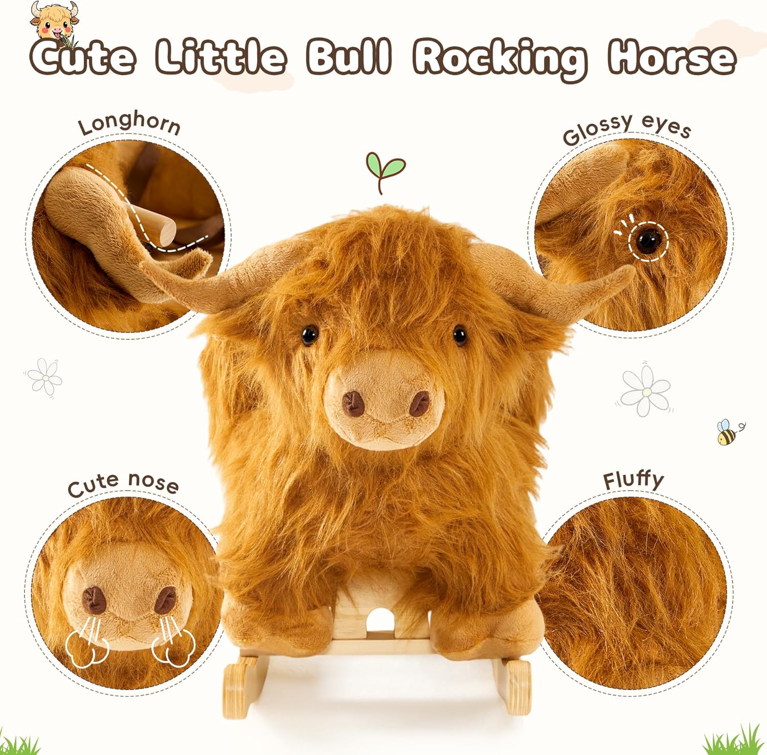 Highland cow rocking toy feature details with horns eyes nose and fluffy fur