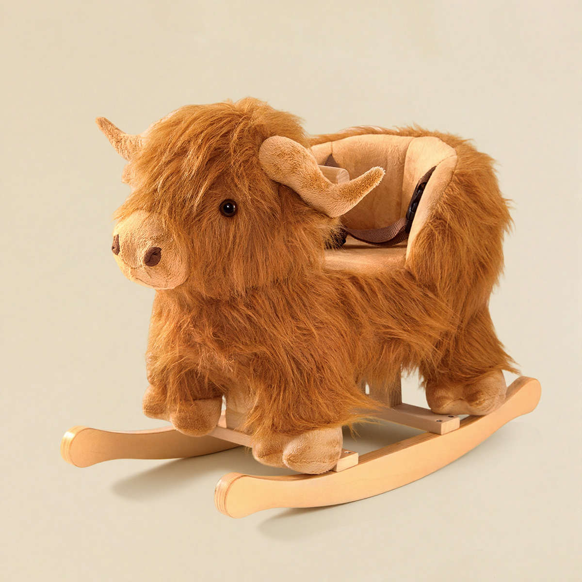 labebe highland cow plush rocking toy with wooden rocker base