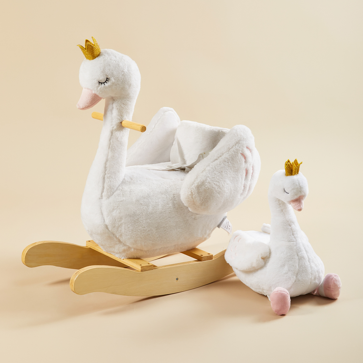 White swan plush rocker with matching swan stuffed toy for toddlers