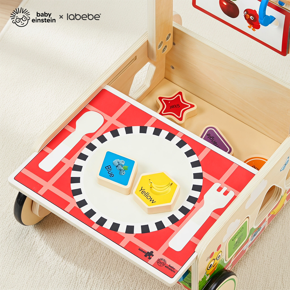 Flip learning board on Baby Einstein wooden activity walker for color and picture recognition