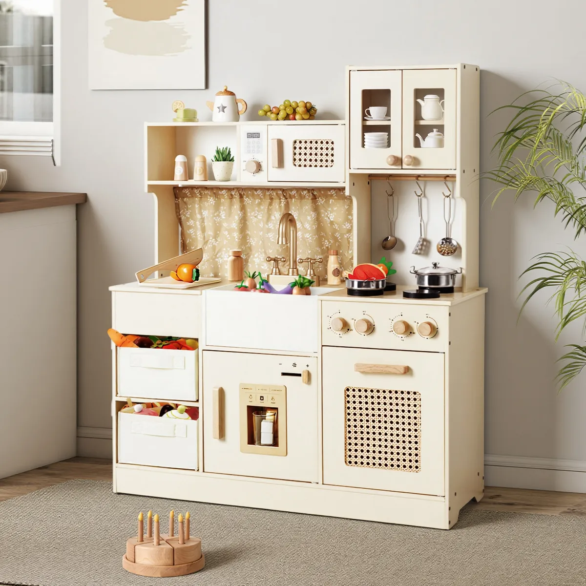 Cream wooden toy kitchen set with woven accent door styled in modern nursery room