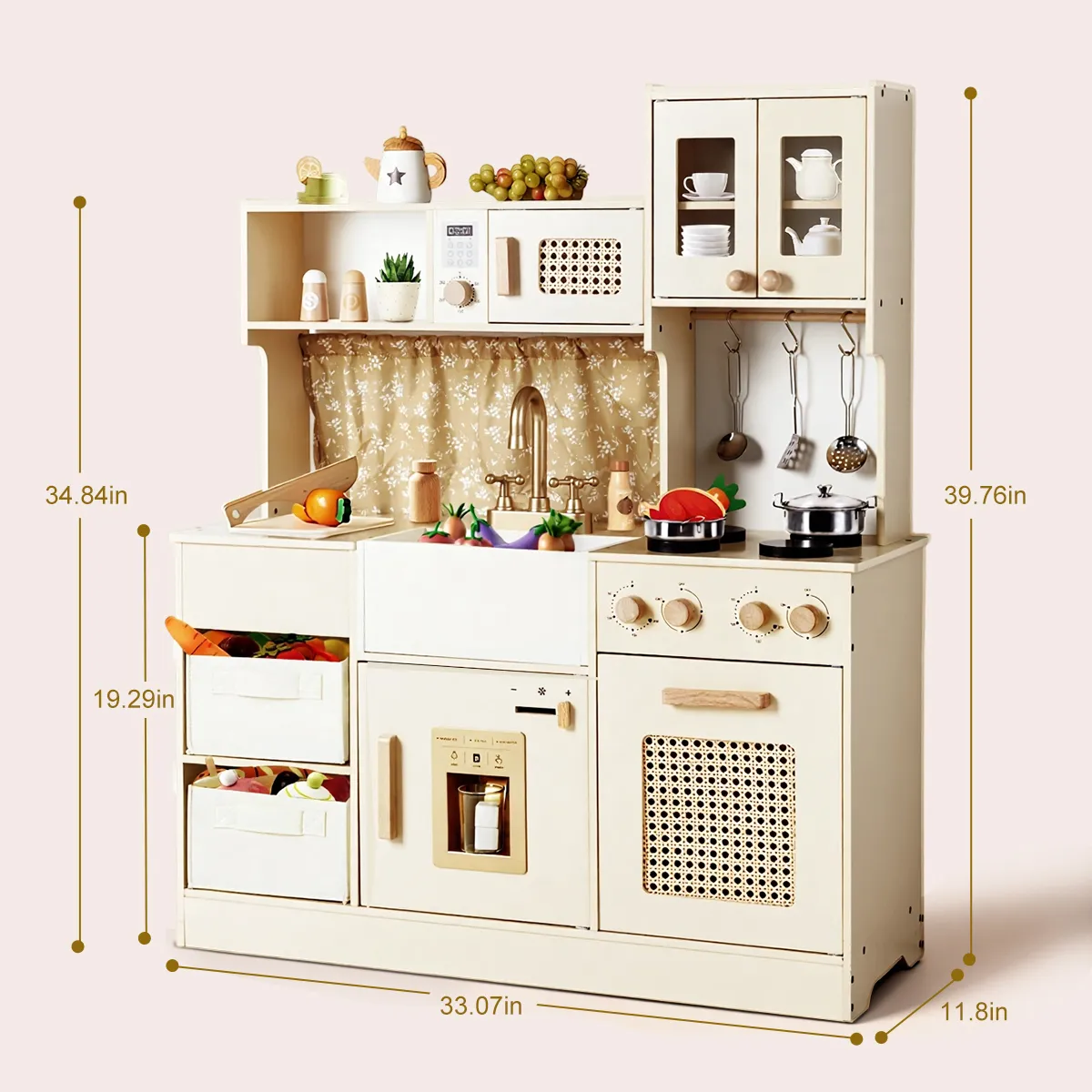 Product dimensions diagram for cream wooden play kitchen set with storage cabinet