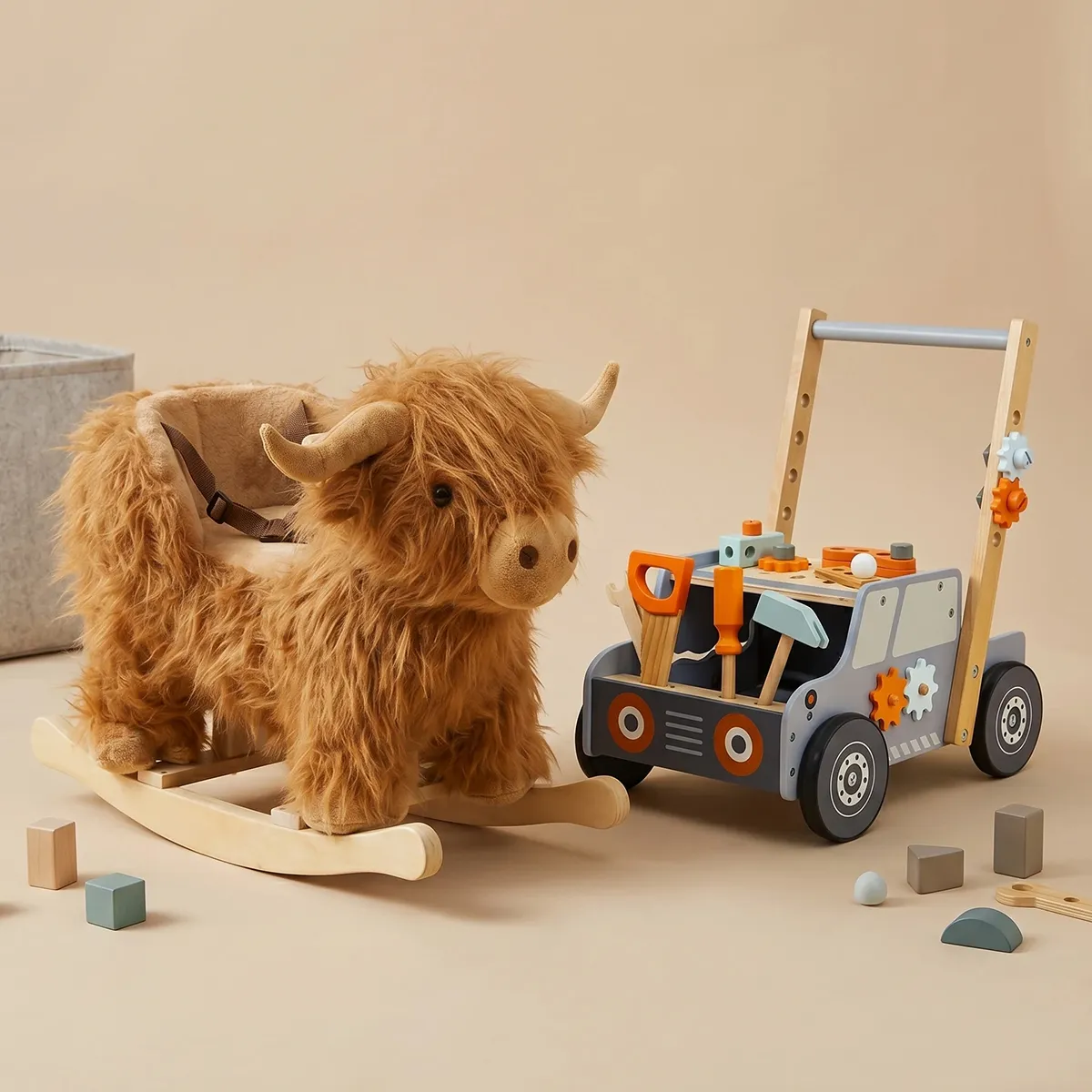 labebe Highland cattle plush rocker and wooden tool bench truck walker set