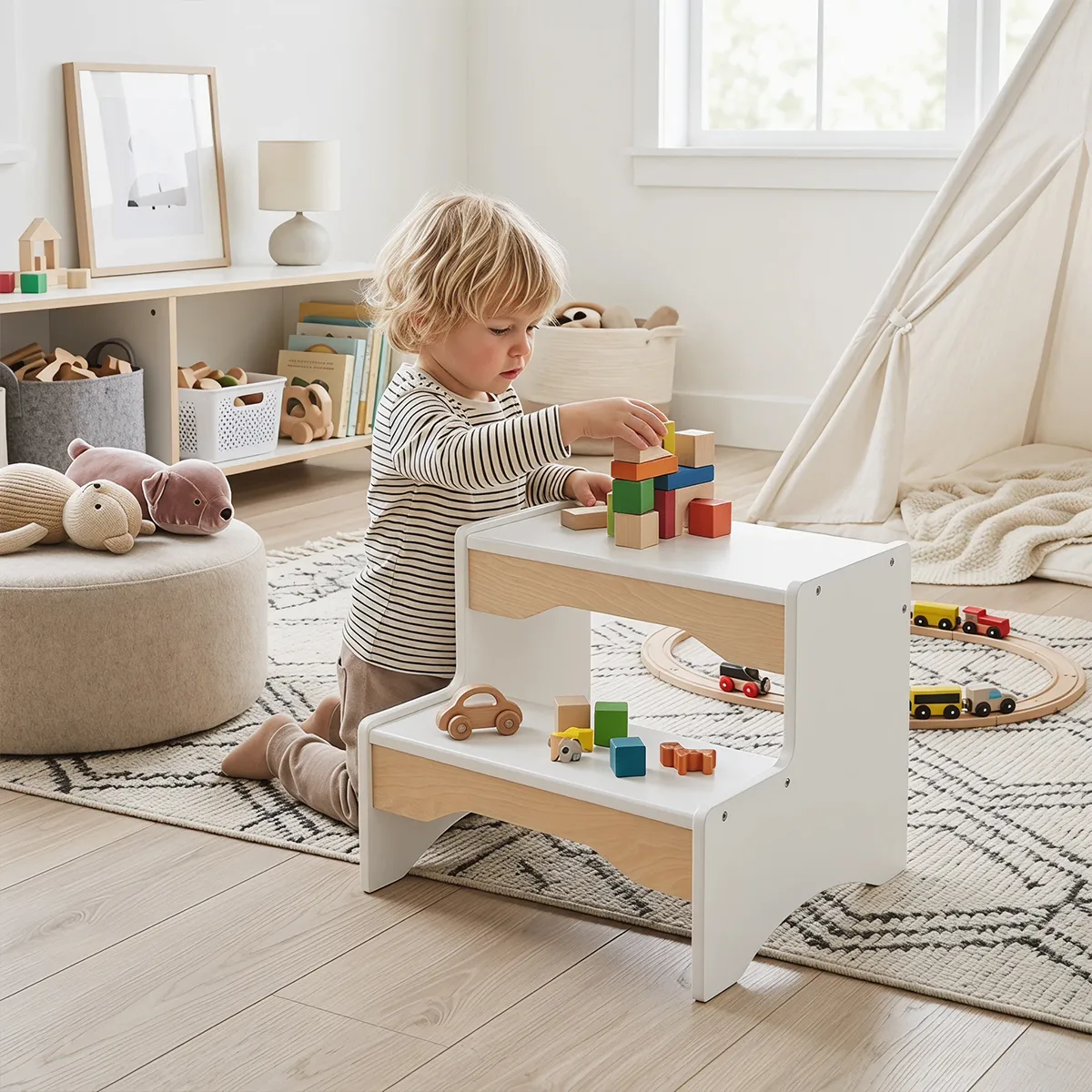 Toddler sitting near wooden 2 step stool playing with wooden blocks on top
