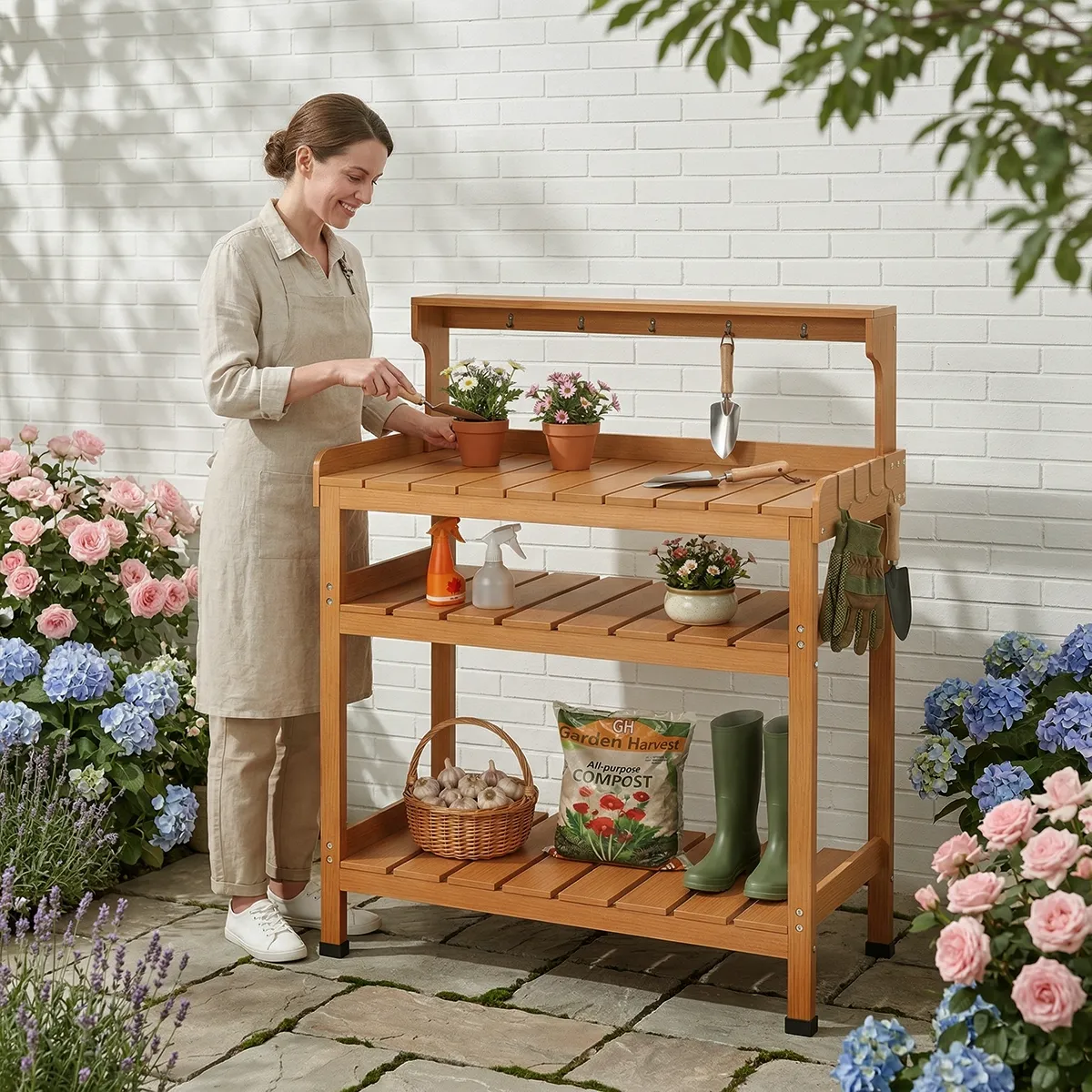 Woman gardening at an outdoor HDPE garden potting bench table in patio