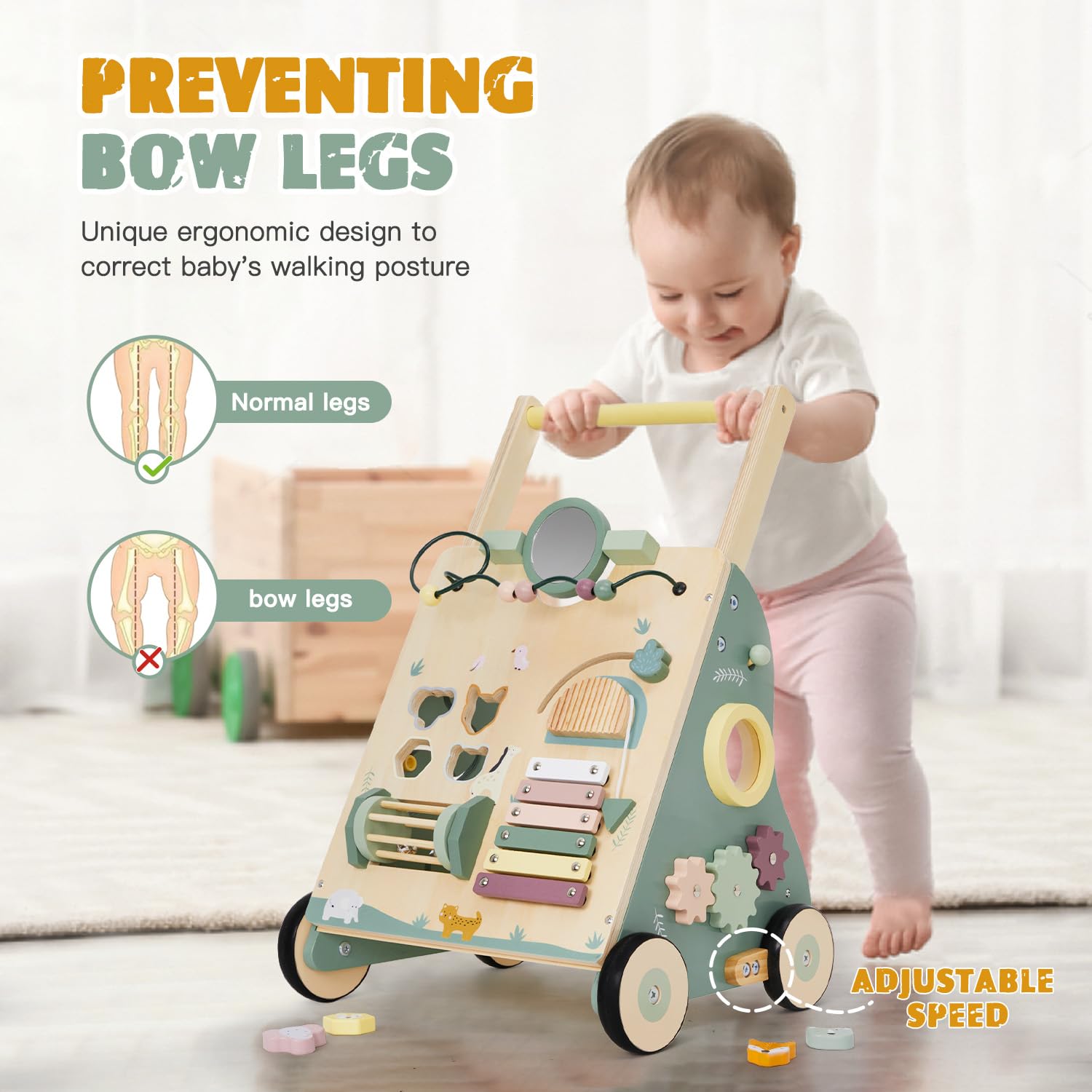 Toddler pushing woodland baby walker with adjustable speed design