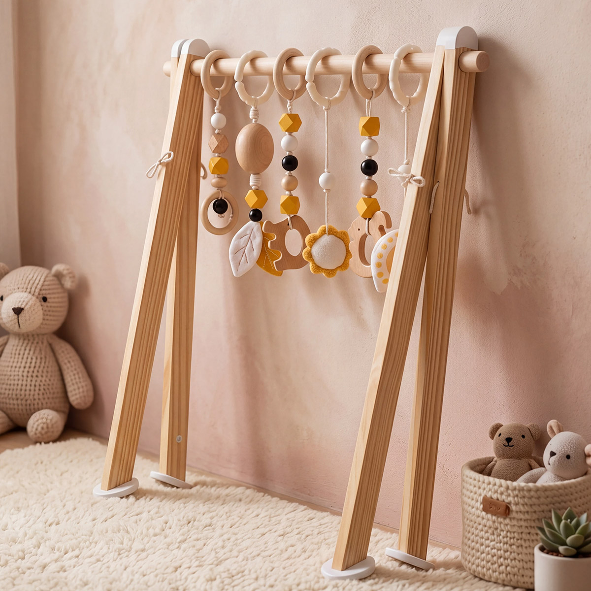 Natural wooden activity gym with hanging baby sensory toys