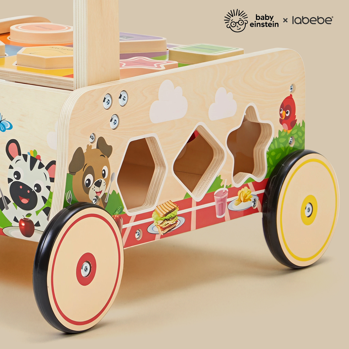 Shape sorter side of the Baby Einstein wooden baby walker with geometric matching activities