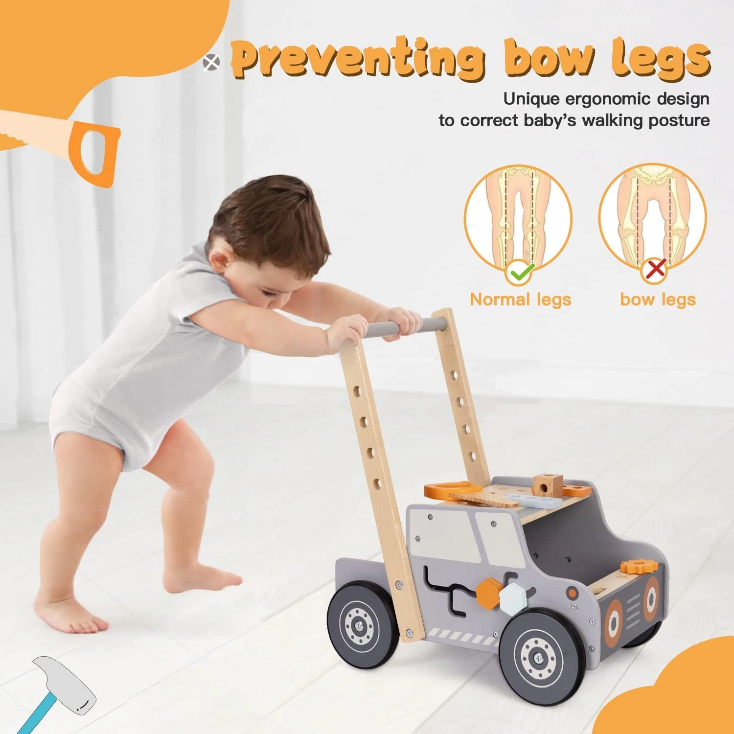 Toddler using the wooden tool bench walker with wide leg support for stable walking