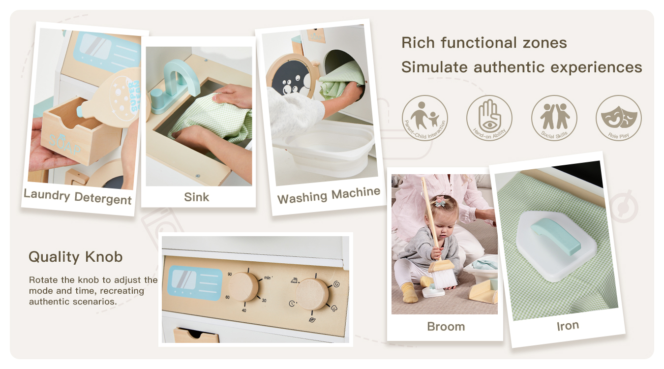 kids play wooden laundry set to simulate authetic experiences
