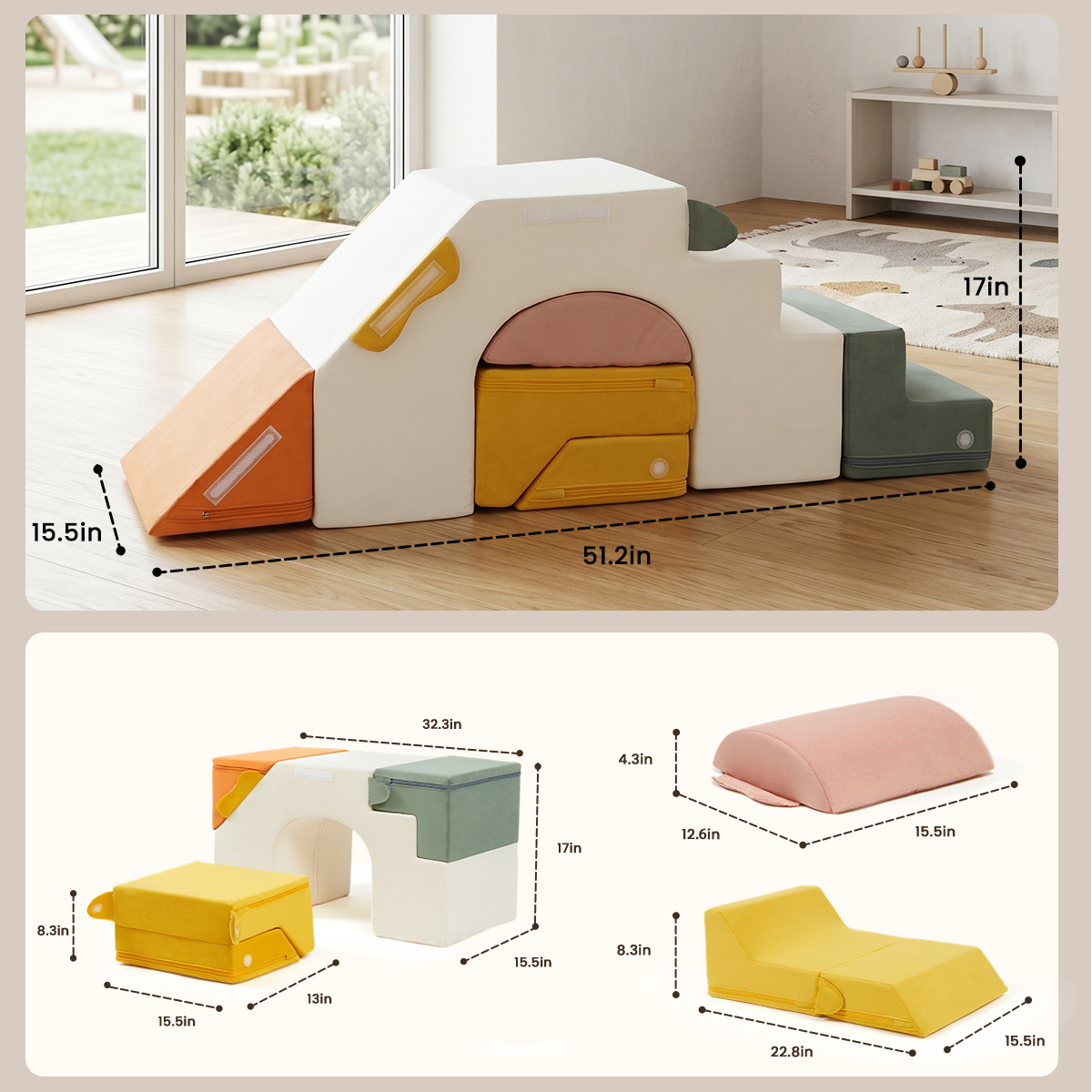 Soft foam climbing block set dimensions and module size guide