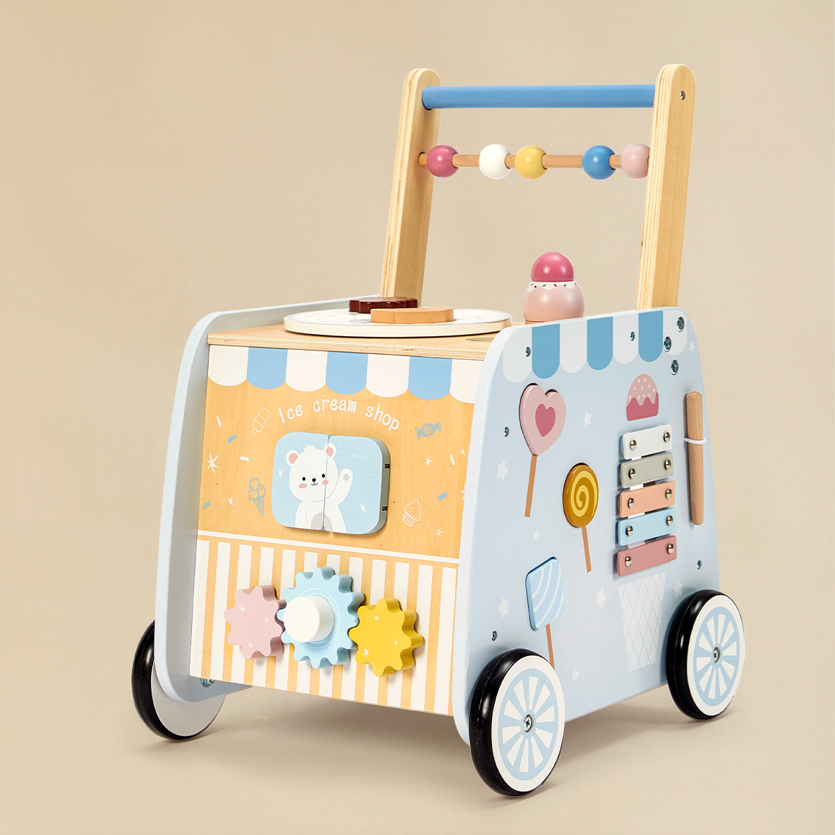 Ice cream wooden baby walker with activity board and colorful wheels