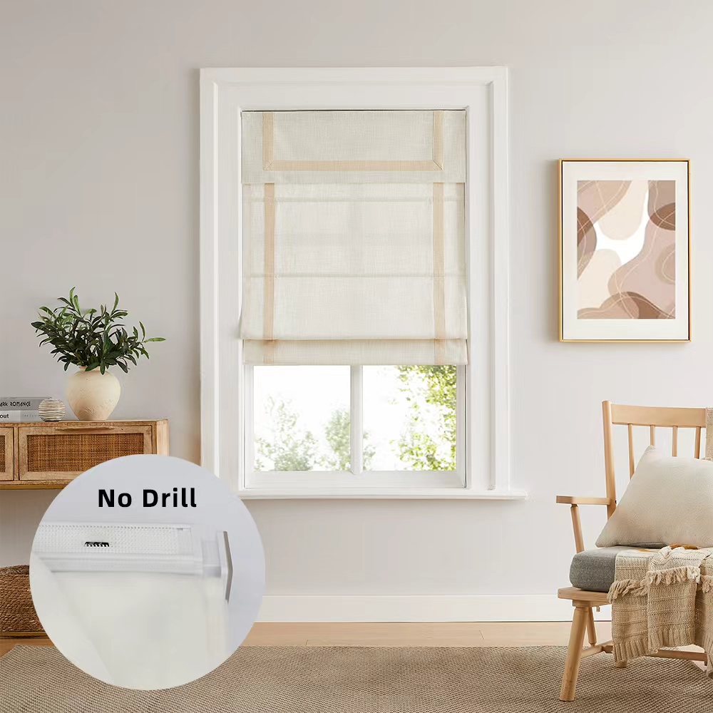 No-Drill Lowen Linen Roman Shades - Ivory with Trim and Valance