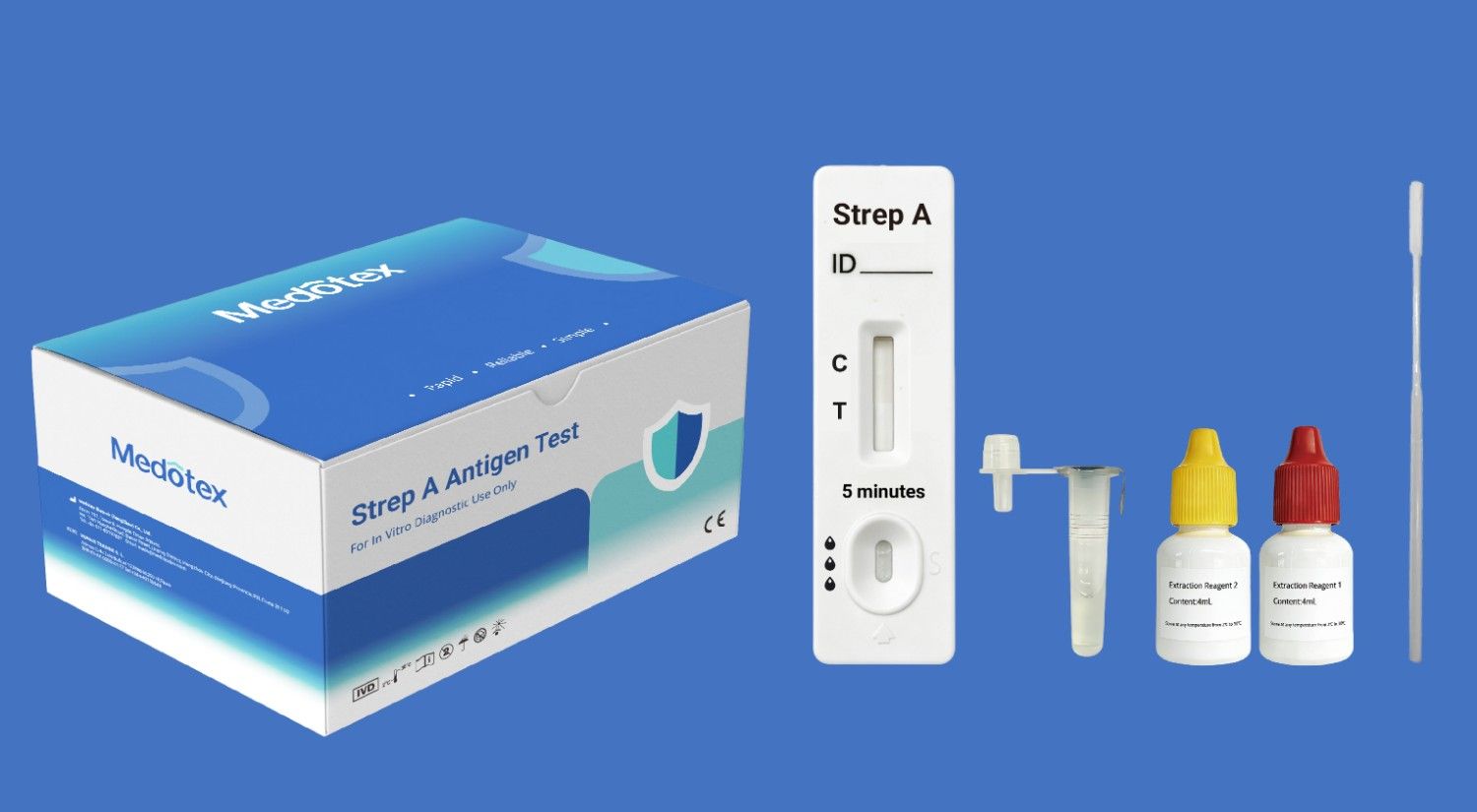 Medotex Strep A Antigen Rapid Test kit with cassette, swab, buffer and specimen tube