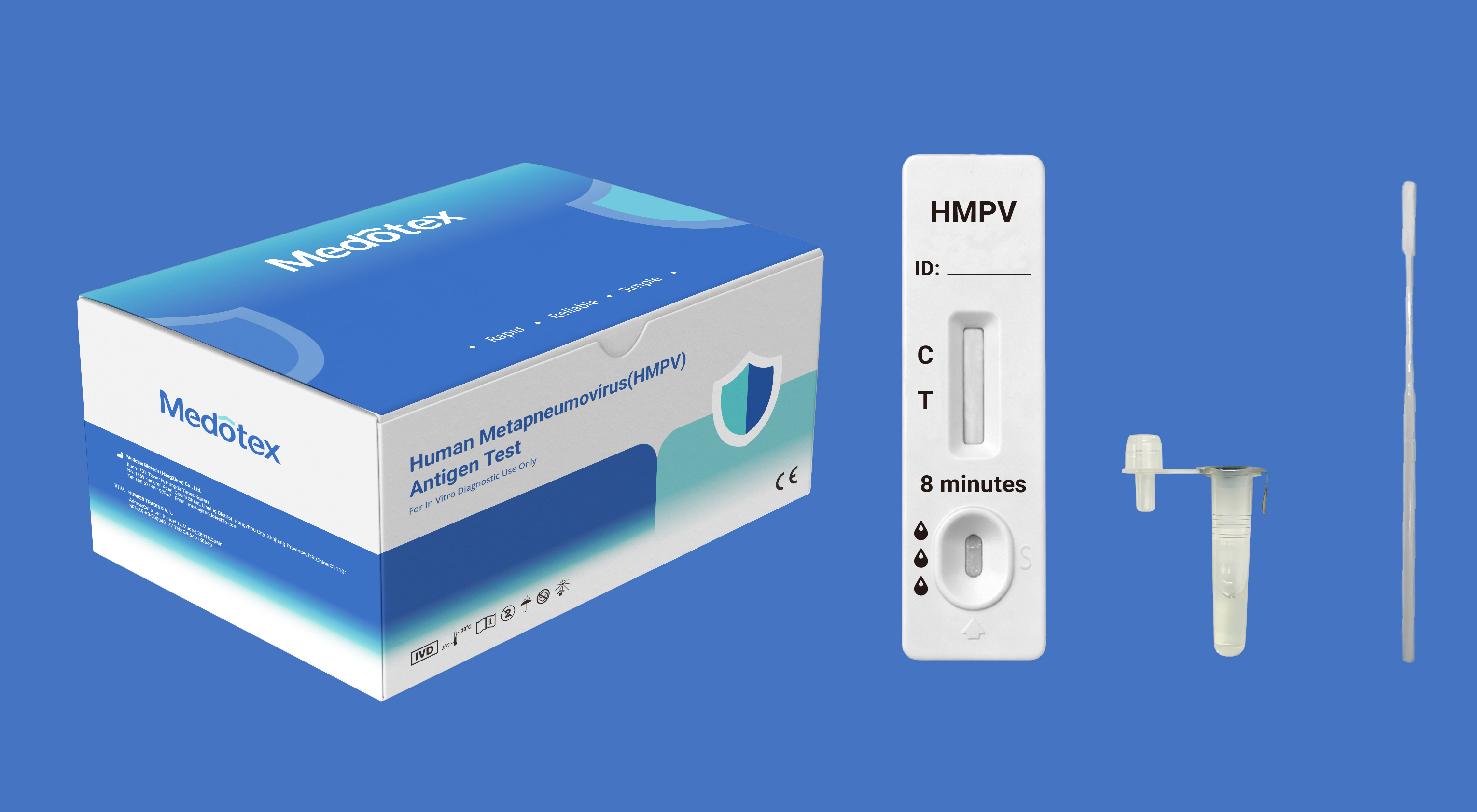 Medotex HMPV rapid test kit with swab buffer tube and cassette