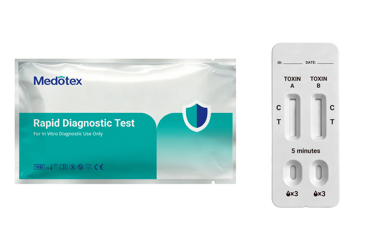 Medotex Clostridium difficile Toxin A and Toxin B rapid test cassette with sealed pouch