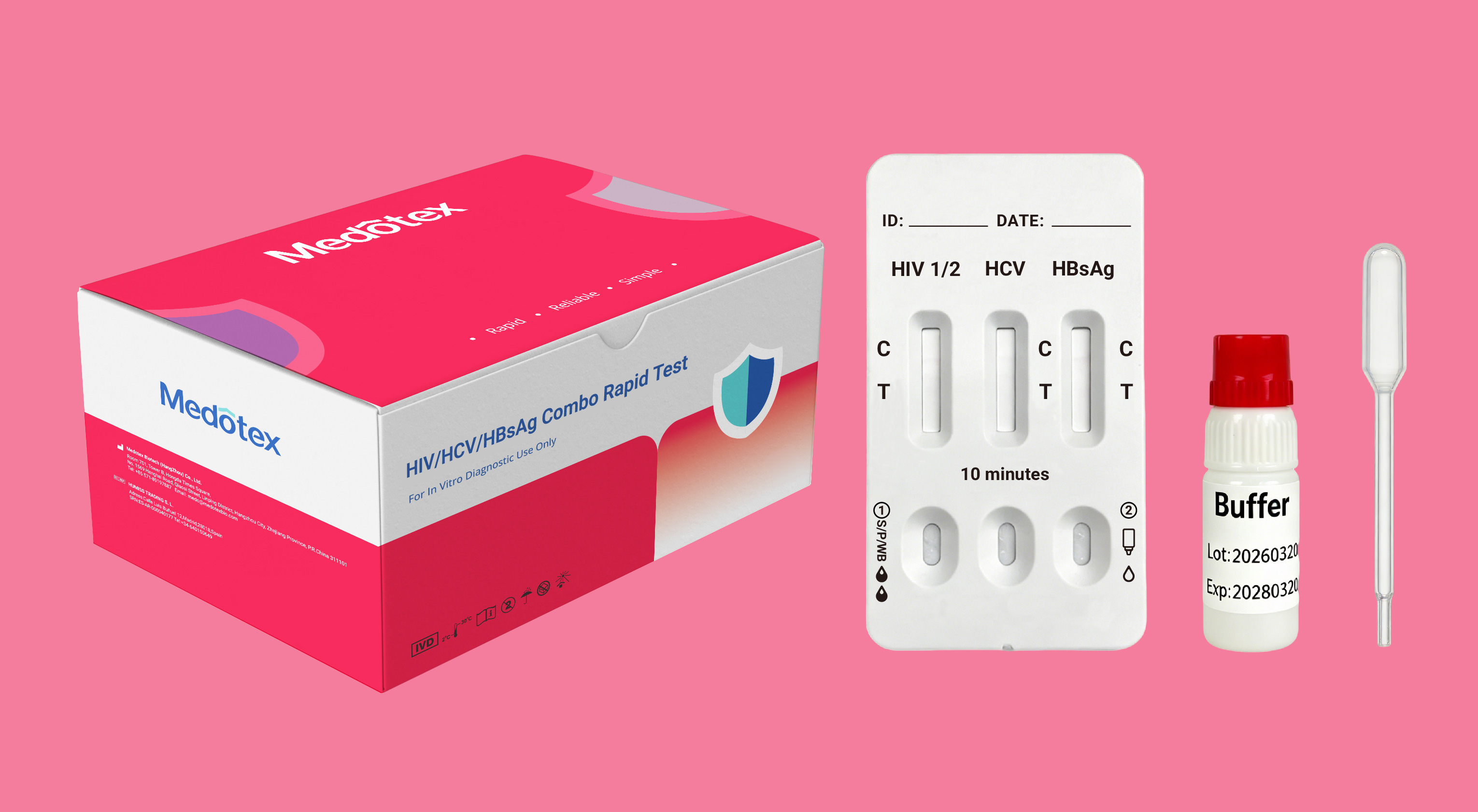 Medotex HIV HCV HBsAg combo test kit with cassette buffer and dropper