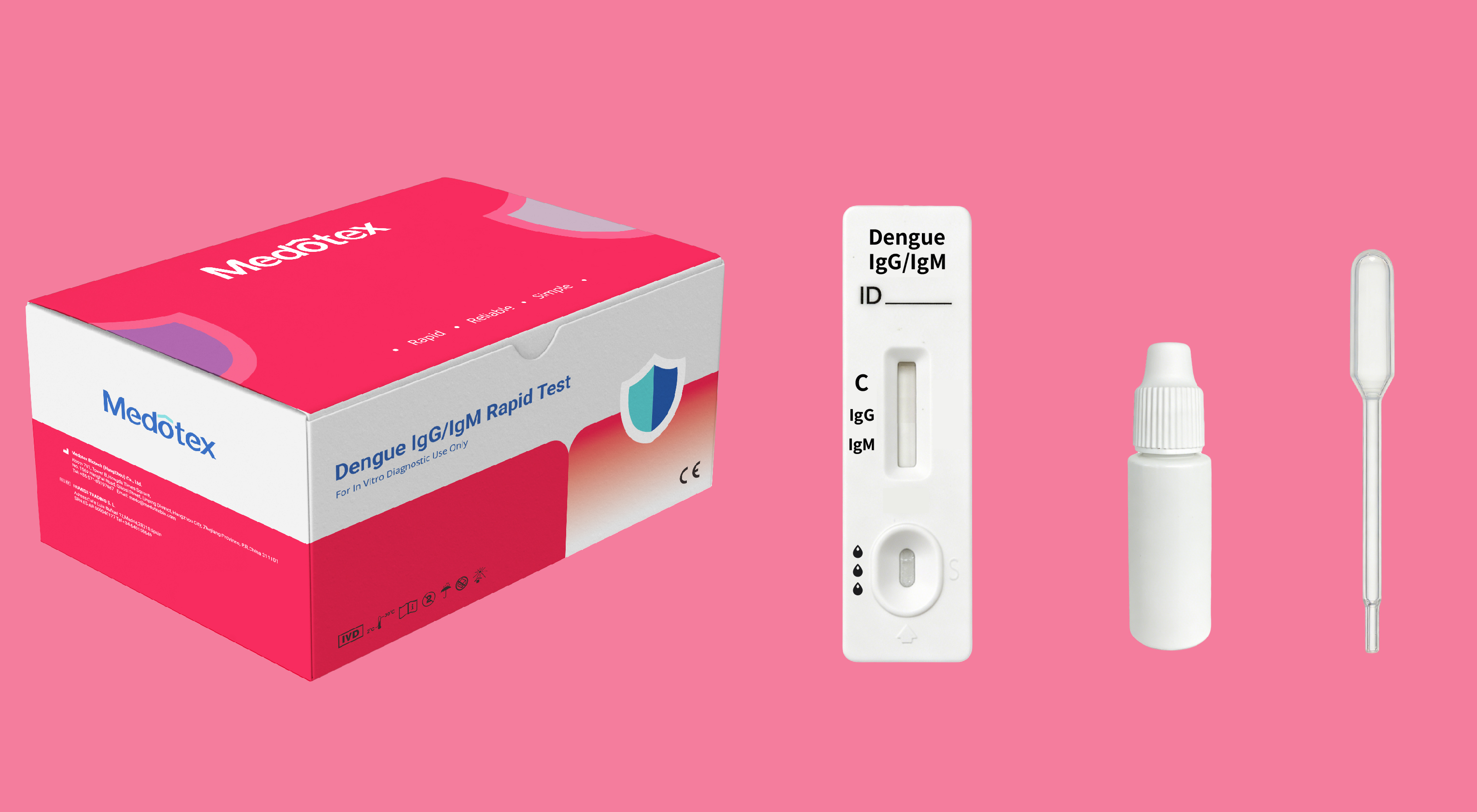 Medotex dengue antibody rapid test kit including cassette buffer and dropper for blood testing