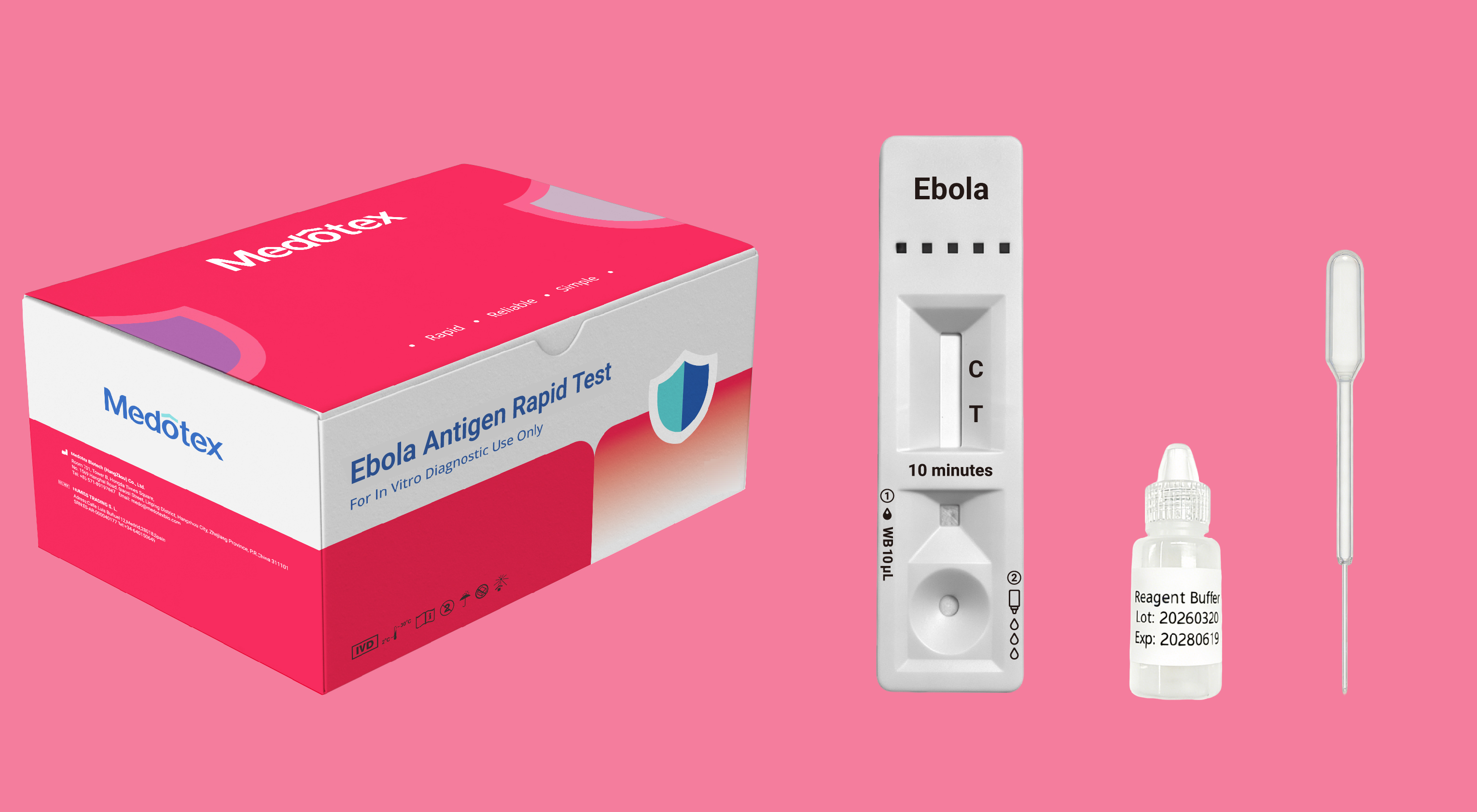 Bulk Ebola antigen rapid test kit with cassette, buffer solution, and sampling dropper
