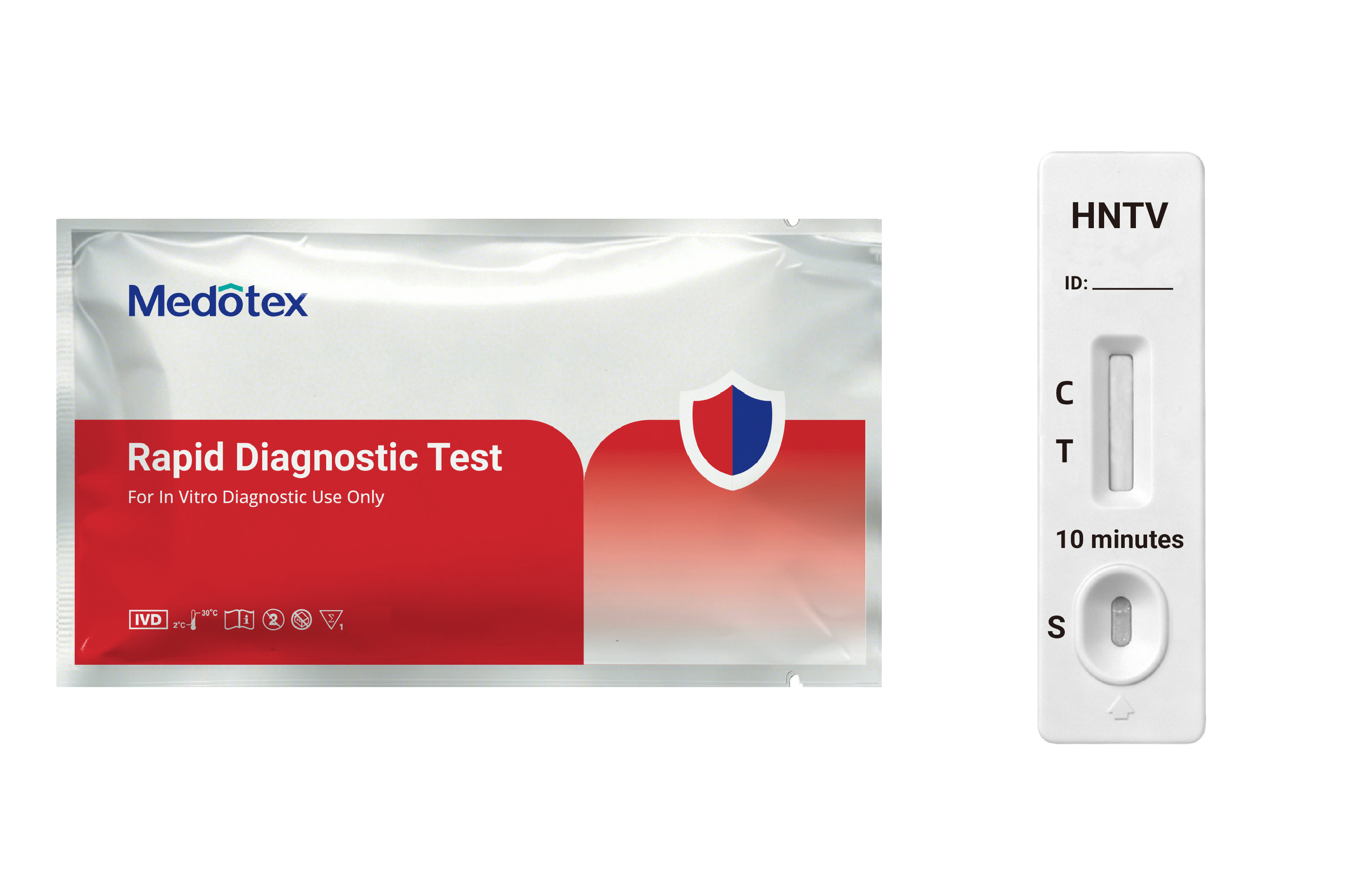 Medotex Hantavirus Antigen Rapid Test cassette and sealed diagnostic pouch