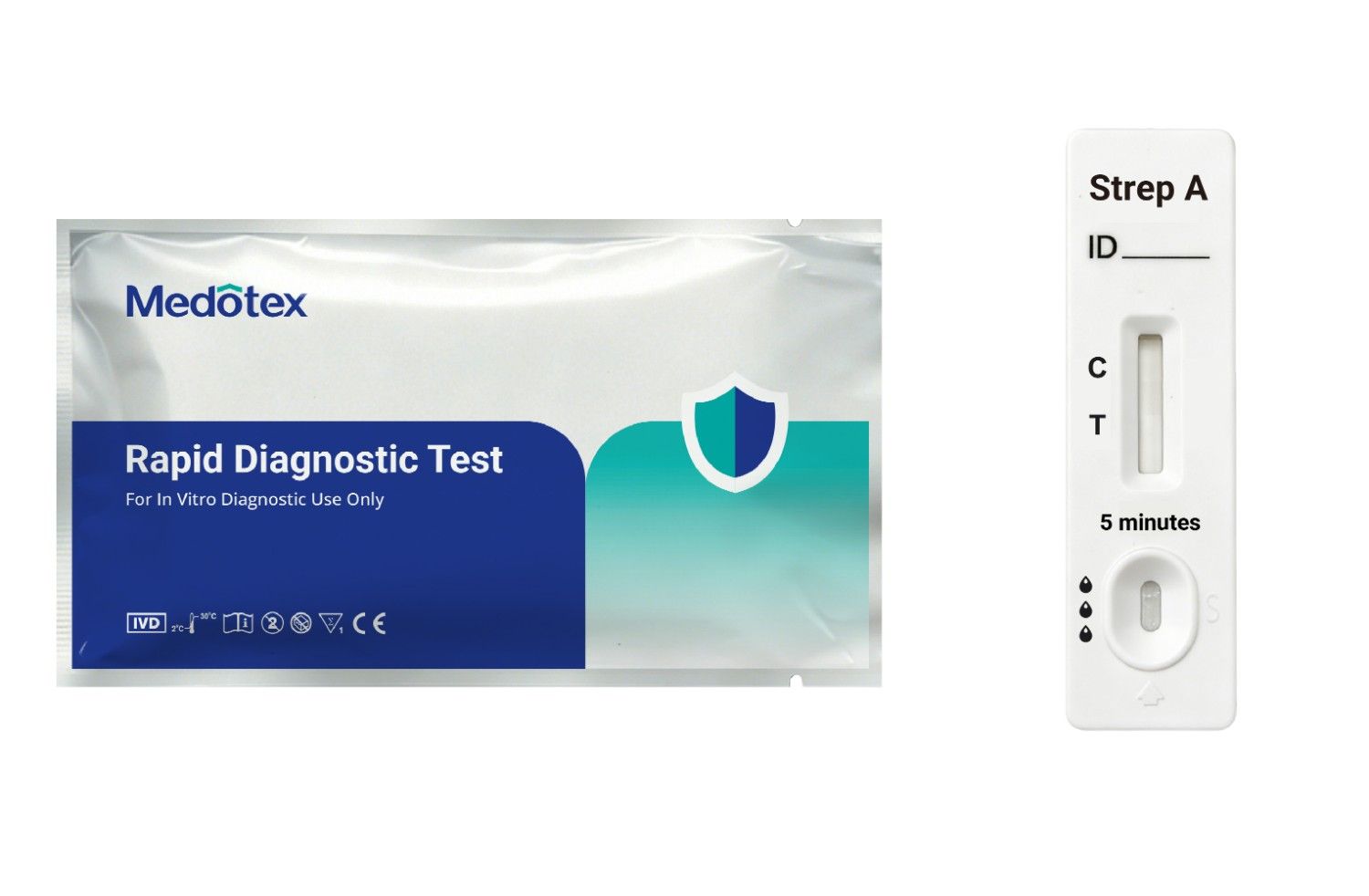 Medotex Strep A rapid diagnostic test cassette and sealed foil pouch for professional IVD use