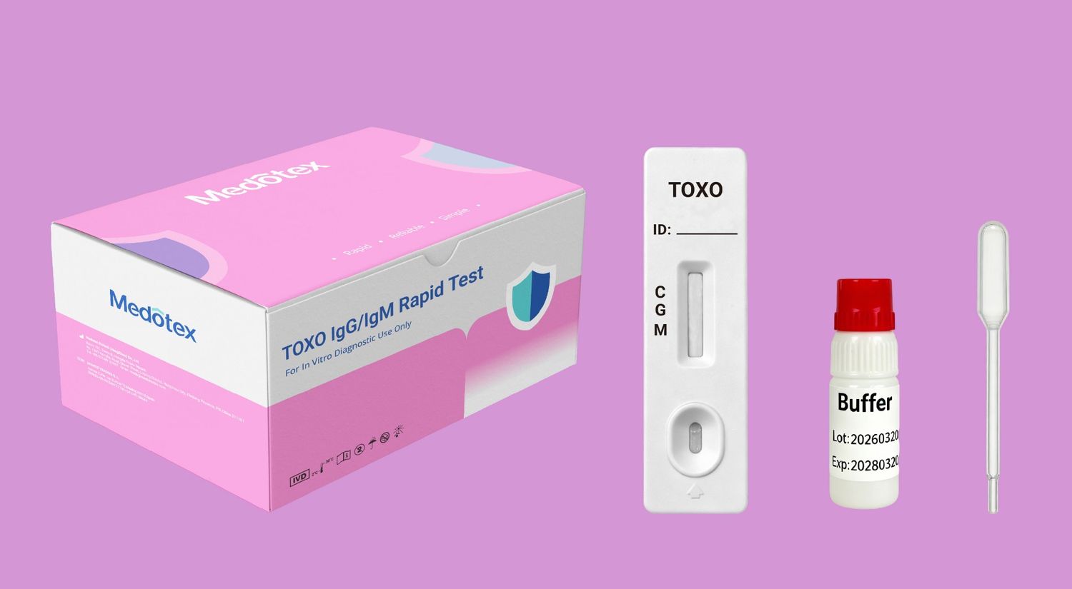 Medotex TOXO IgG/IgM Rapid Test kit with cassette buffer and dropper