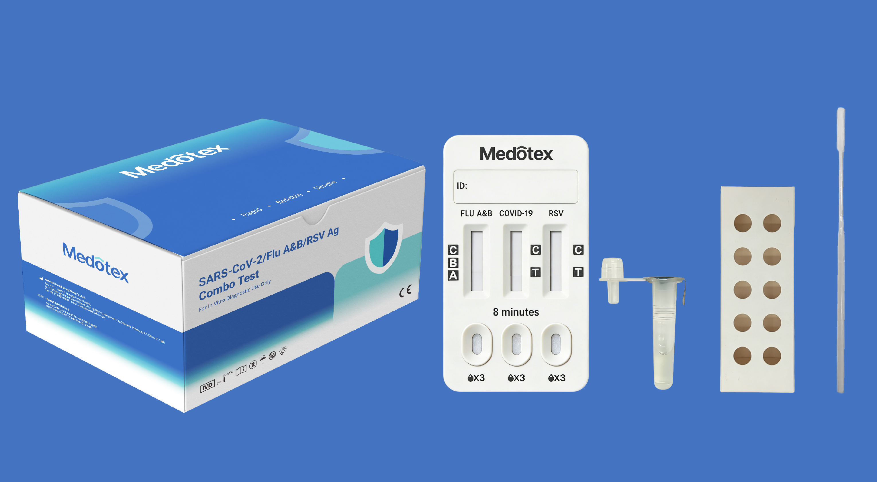 complete multiplex antigen rapid test kit for COVID-19 Flu A B RSV with swab buffer and components