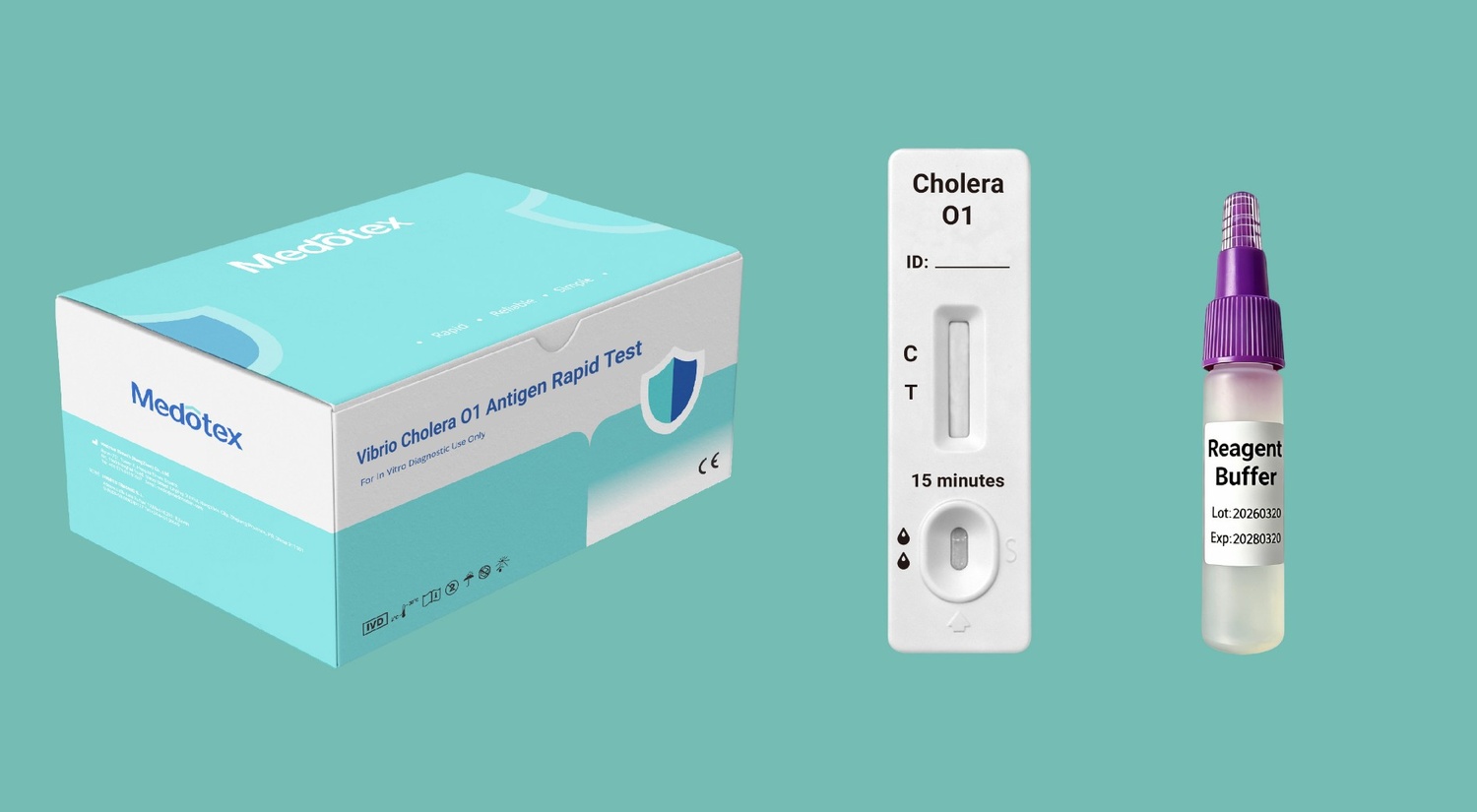 Medotex Vibrio Cholera O1 rapid test kit with cassette and extraction buffer