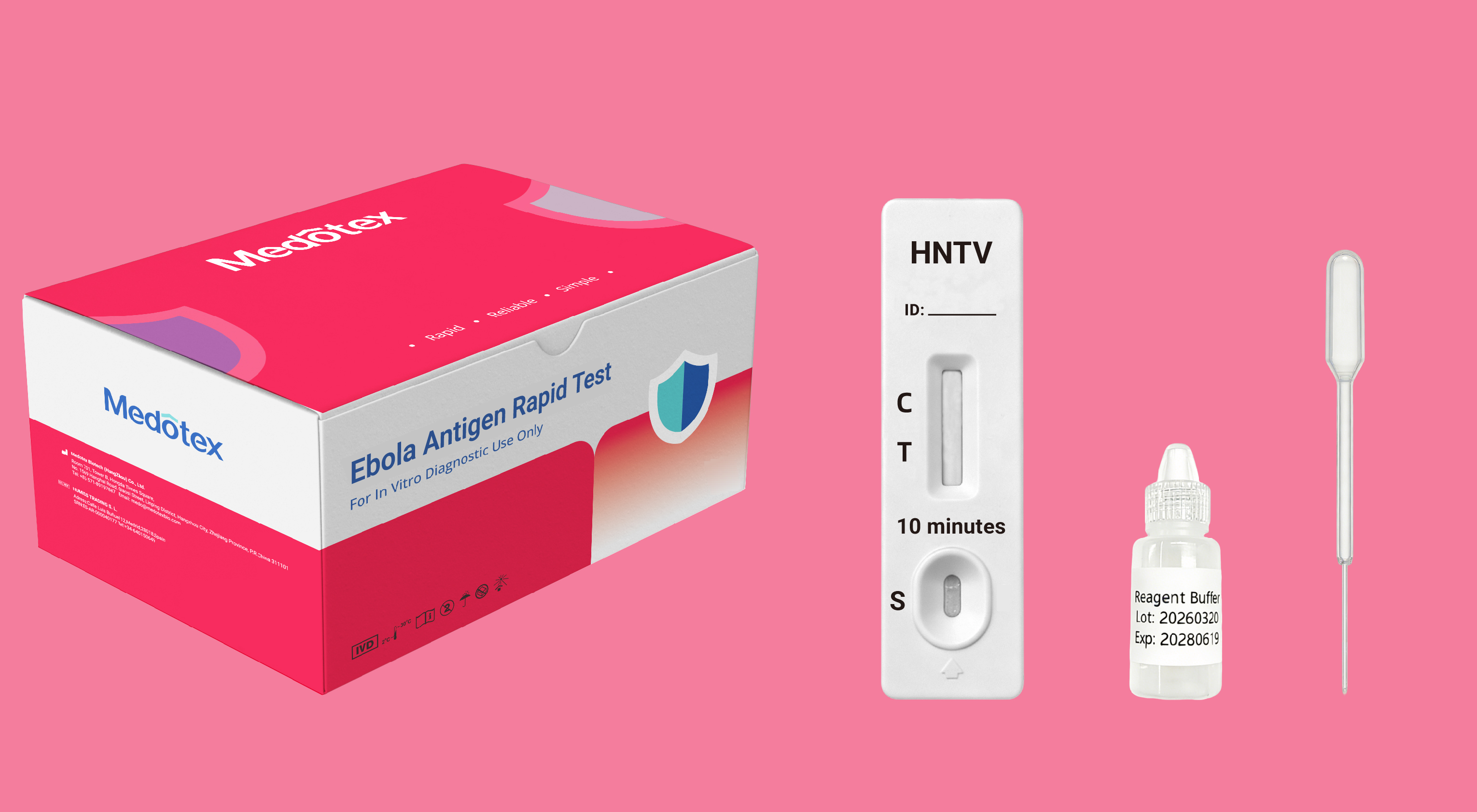 Medotex Hantavirus rapid test kit including cassette, buffer reagent, dropper, and packaging box