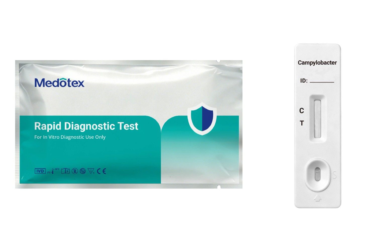 Medotex Campylobacter Rapid Test kit including test cassette, reagent buffer, and product box for fecal sample testing