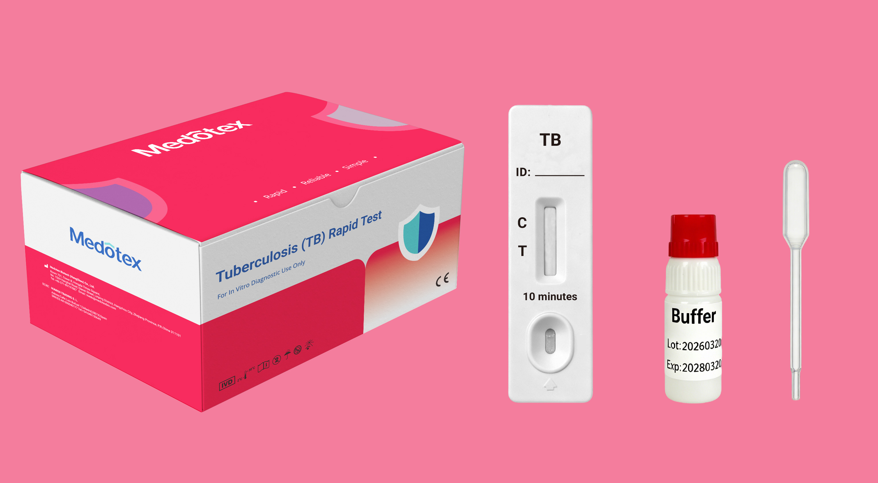 Medotex Tuberculosis Rapid Test kit with cassette buffer and dropper