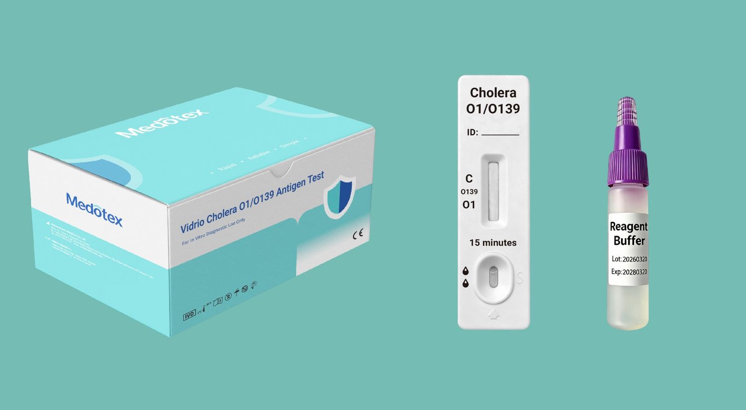 Medotex Vibrio Cholera O1/O139 rapid test kit with cassette and extraction buffer