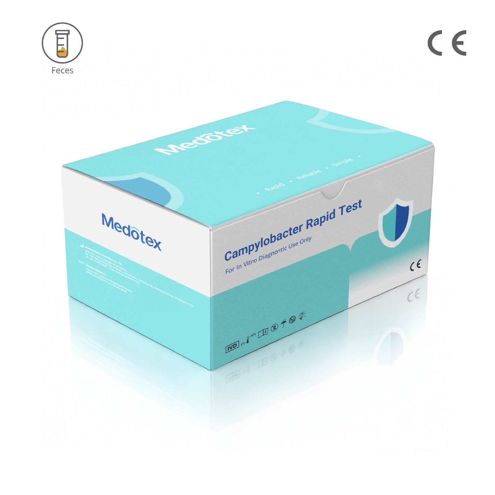 Medotex Campylobacter Rapid Test kit box for qualitative detection of Campylobacter in fecal specimens, in vitro diagnostic use