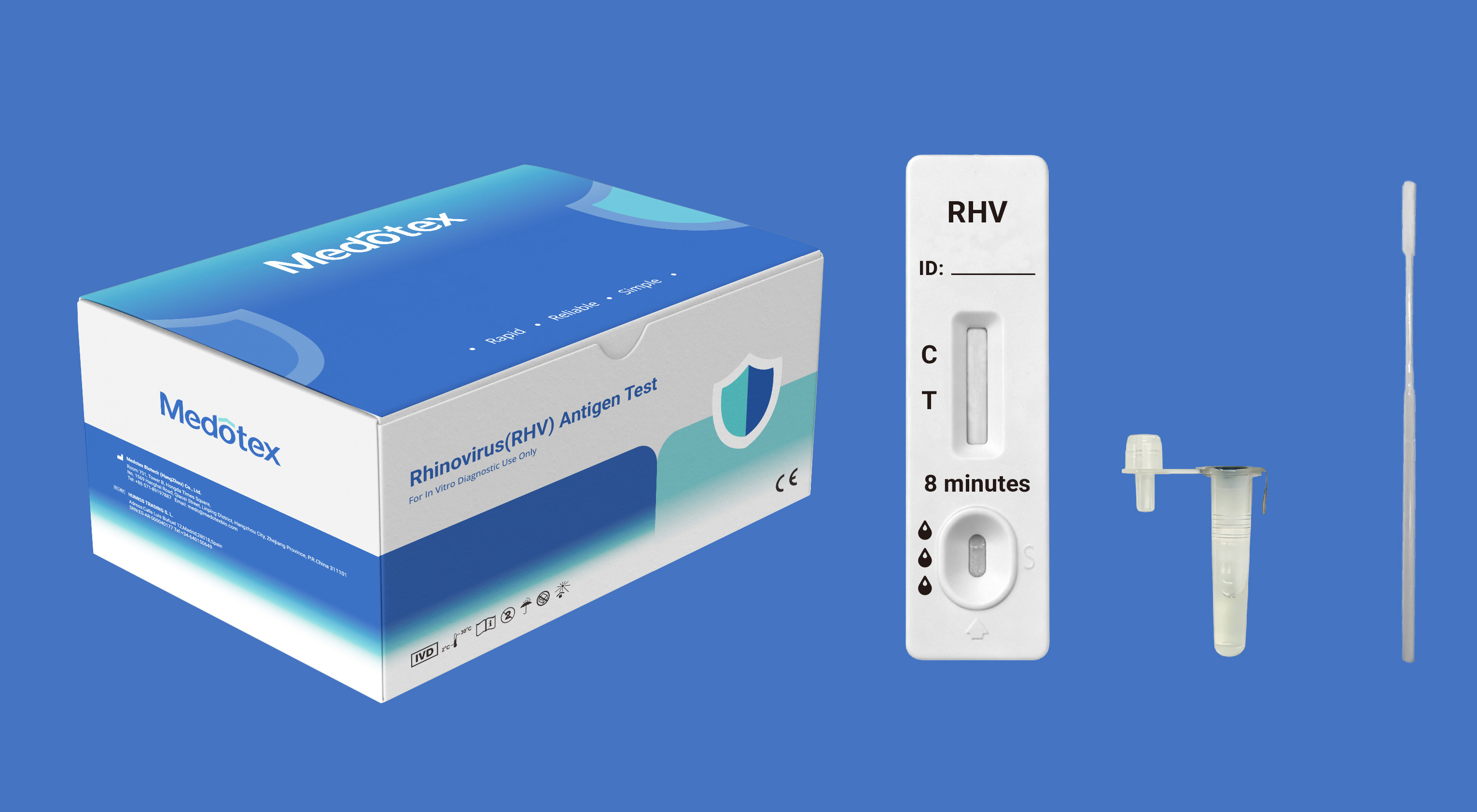 Medotex Rhinovirus rapid test kit with swab buffer tube and cassette