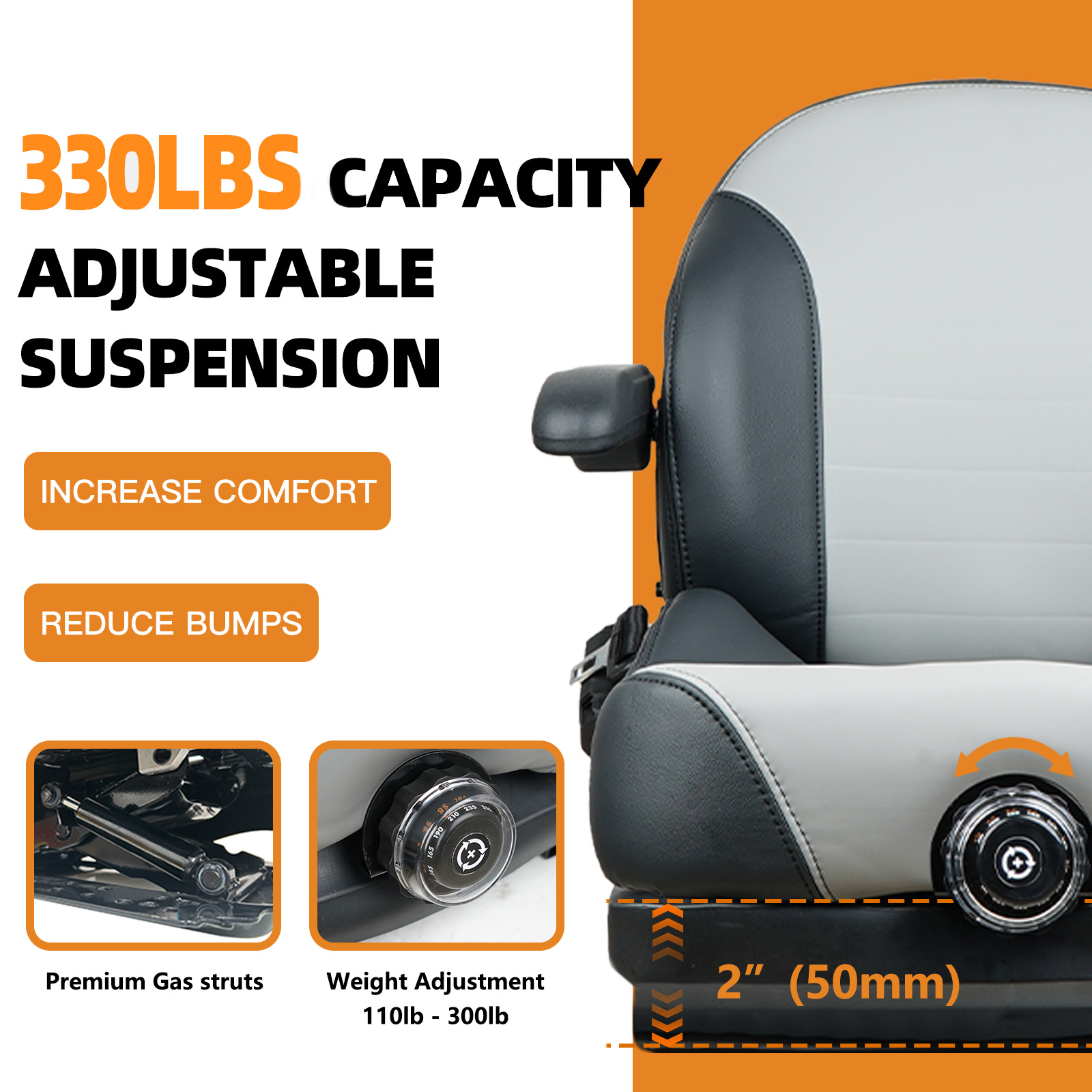 Lumina universal suspension seat with 2-inch suspension travel and adjustable weight support up to 330 lbs
