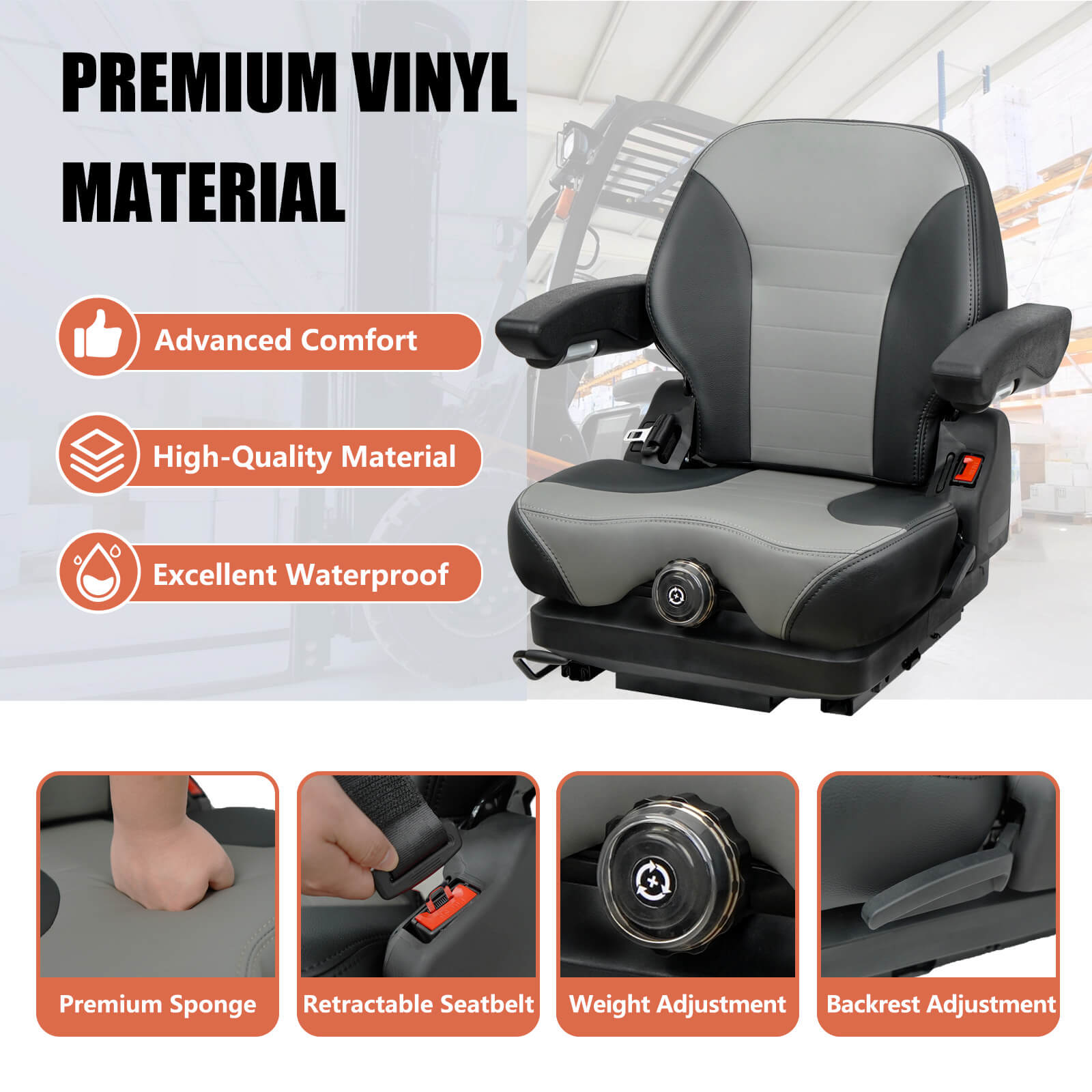 Aftermarket tractor suspension seat featuring premium vinyl upholstery, weight adjustment, and retractable seat belt