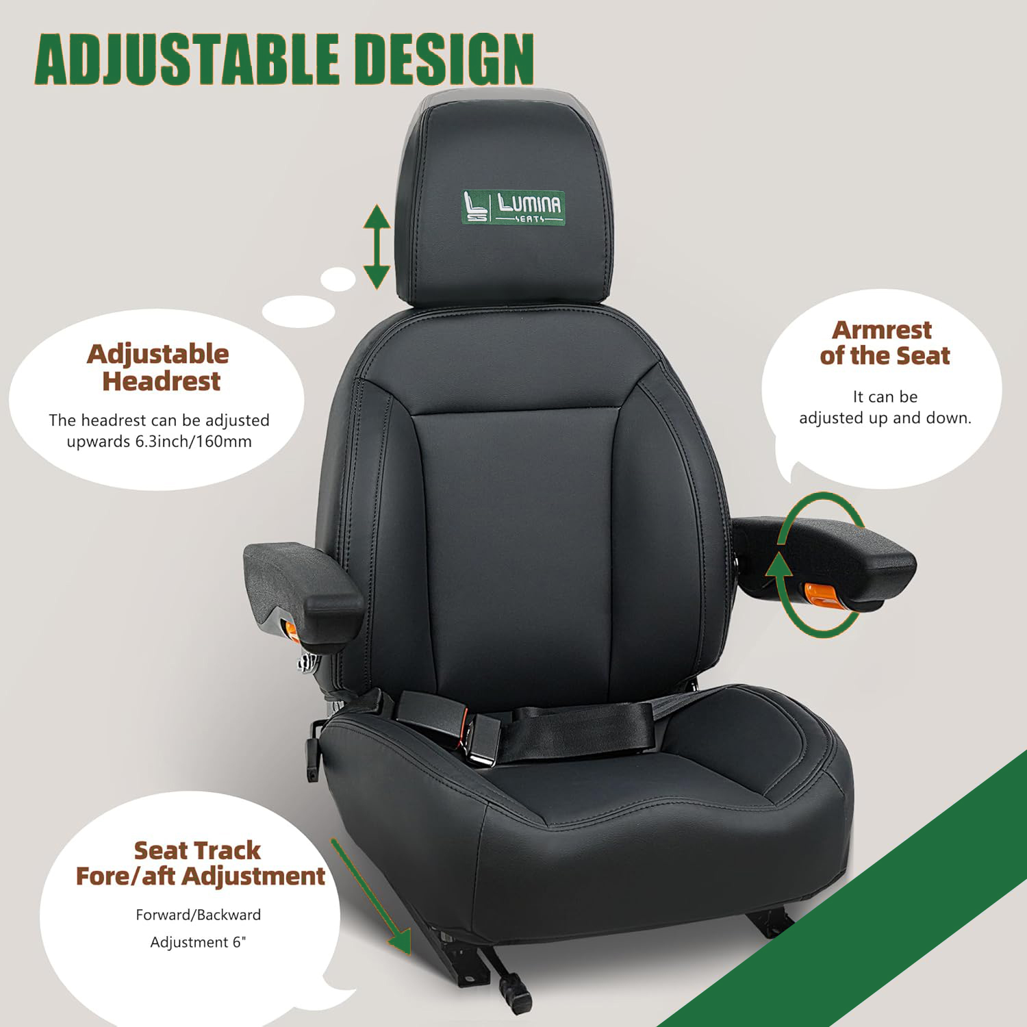 Universal forklift and tractor seat showing adjustable headrest, adjustable armrests, and 6-inch forward/backward slide rail